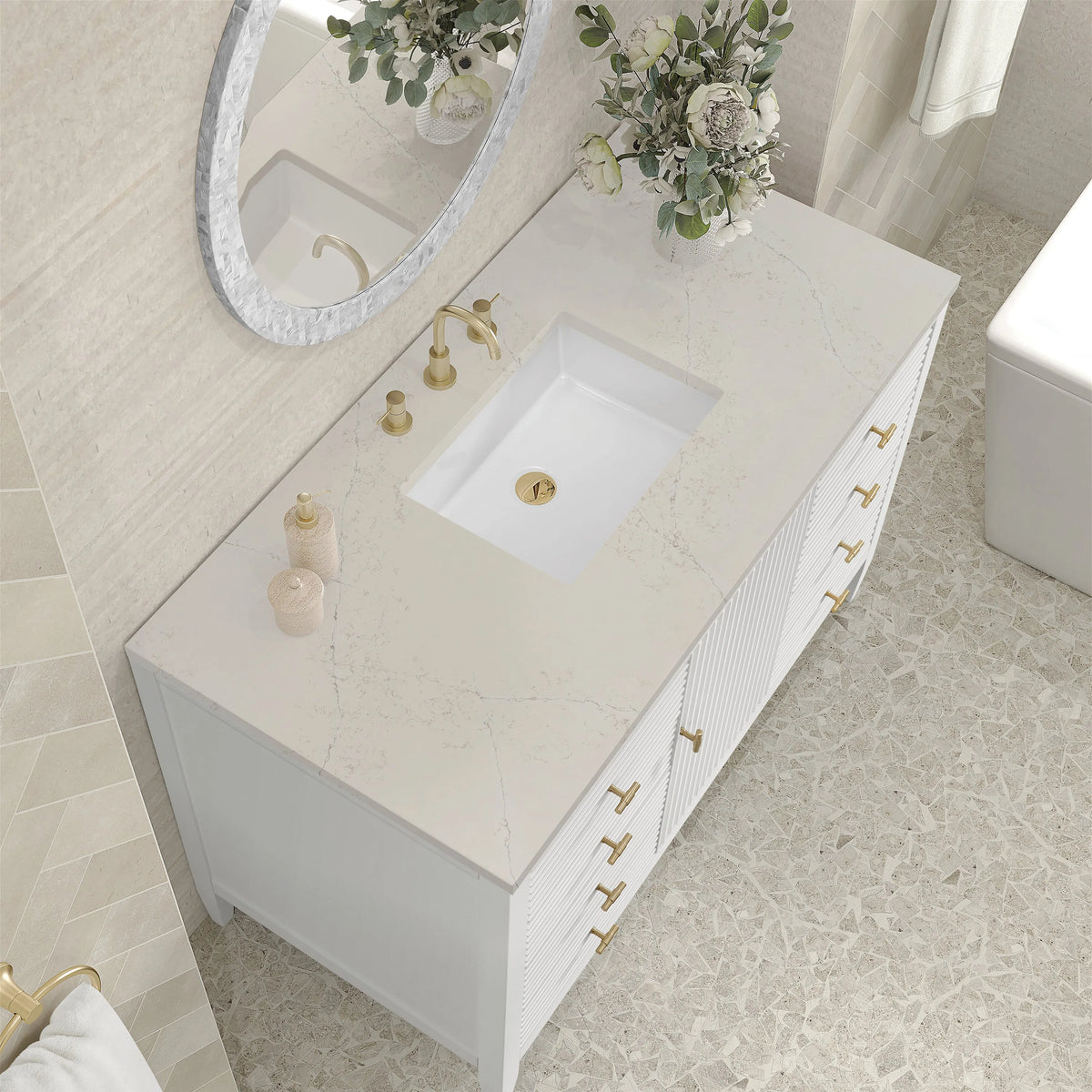Myrrin 48" Single Vanity, Bright White, w/ 3 CM Siberian Silestone Top