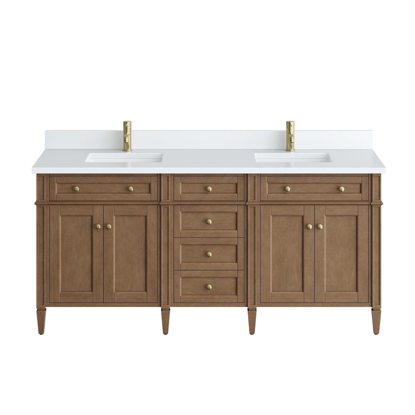Renovate for Less Atlanta Brittany 72" Double Vanity, Pecan w/ Single Hole 3 CM White Zeus Silestone Top and Matching Backsplash