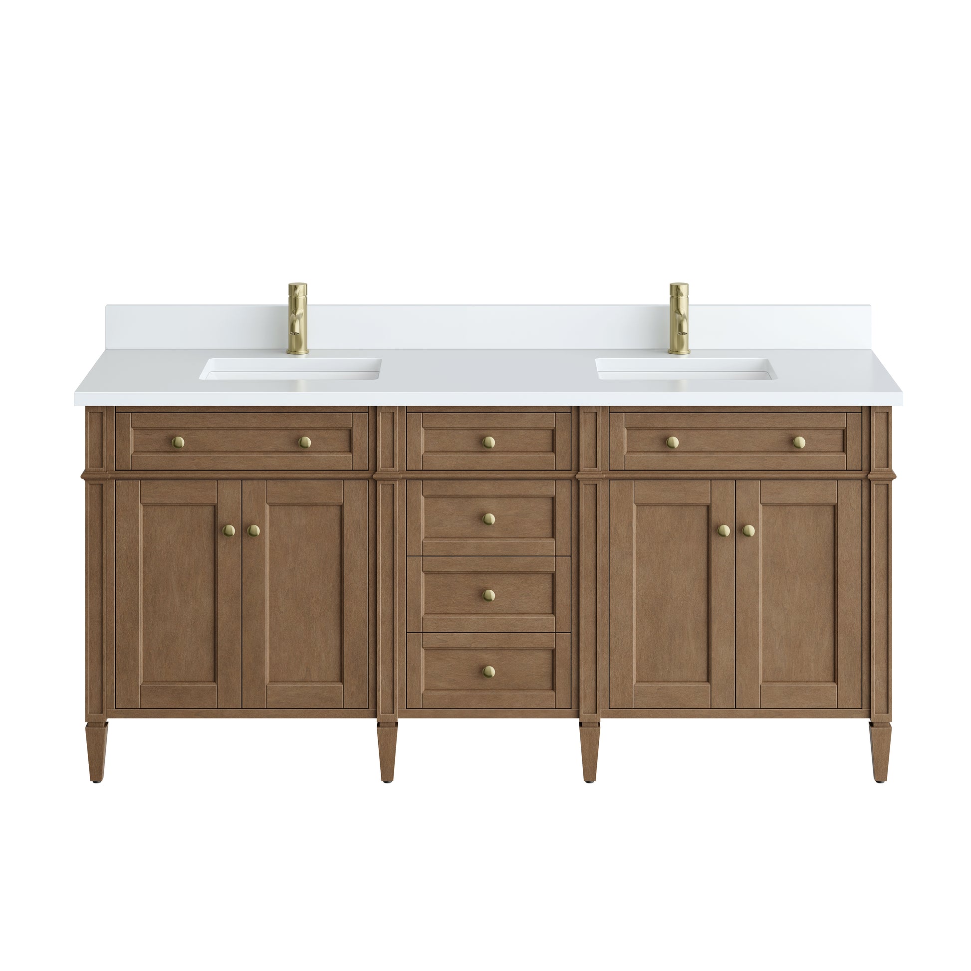 Renovate for Less Atlanta Brittany 72" Double Vanity, Pecan w/ Single Hole 3 CM White Zeus Silestone Top and Matching Backsplash