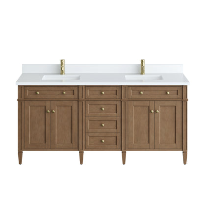 Renovate for Less Atlanta Brittany 72" Double Vanity, Pecan w/ Single Hole 3 CM White Zeus Silestone Top and Matching Backsplash