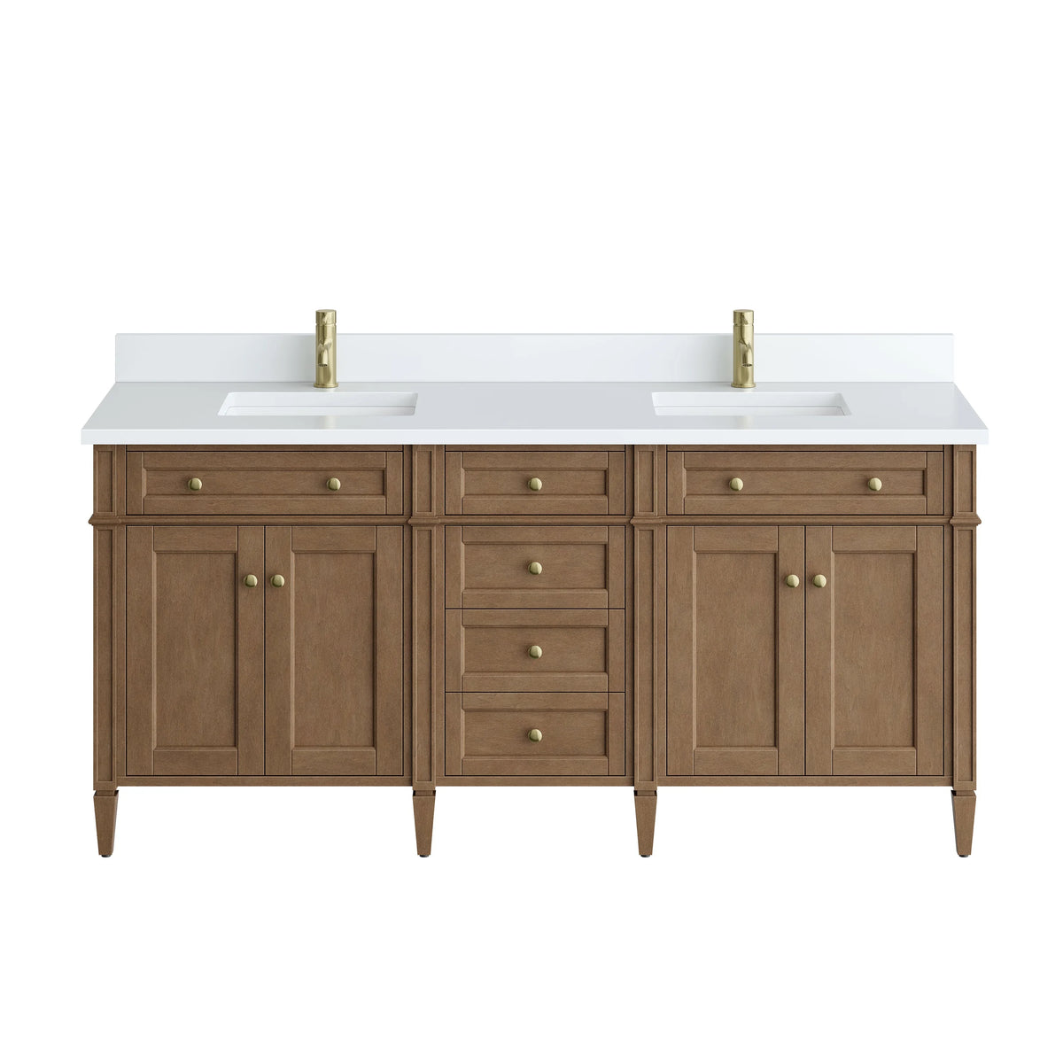 Brittany 72" Double Vanity, Pecan w/ Single Hole 3 CM White Zeus Silestone Top and Matching Backsplash