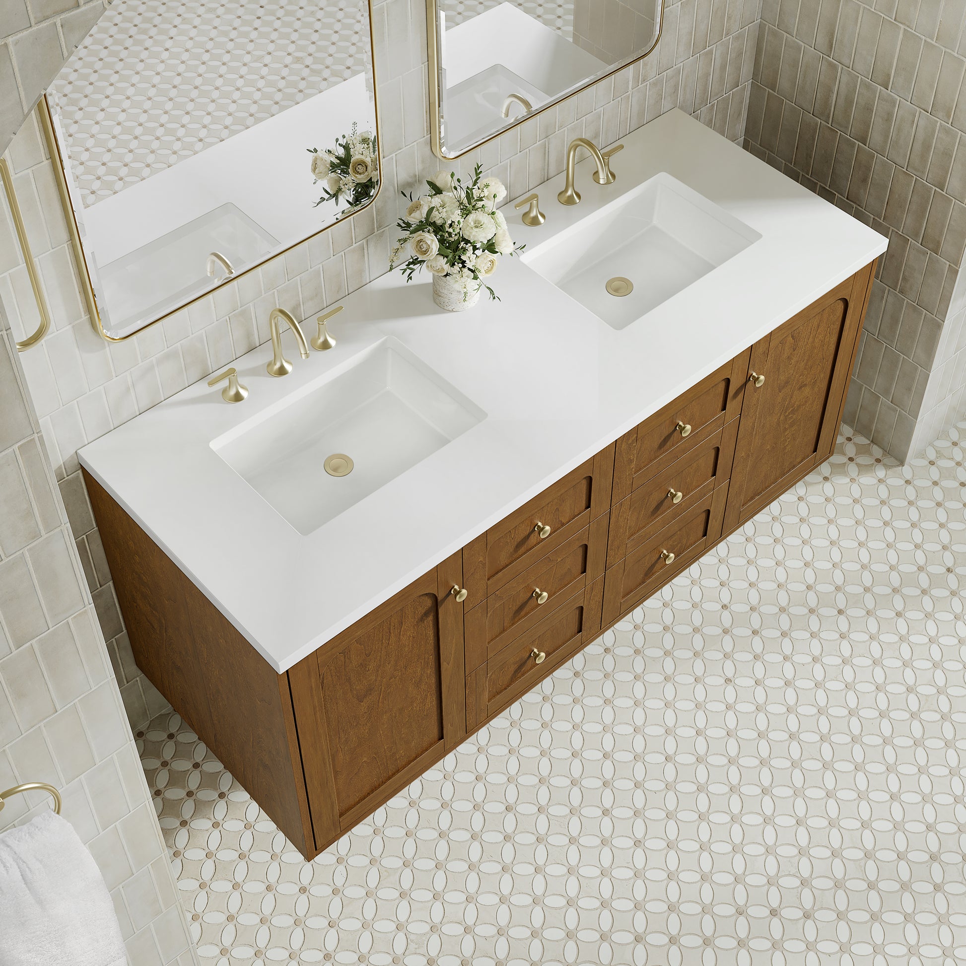 Renovate for Less Atlanta Laurent 60" Double Vanity, Honey Oak w/ 3 CM White Zeus Silestone Top