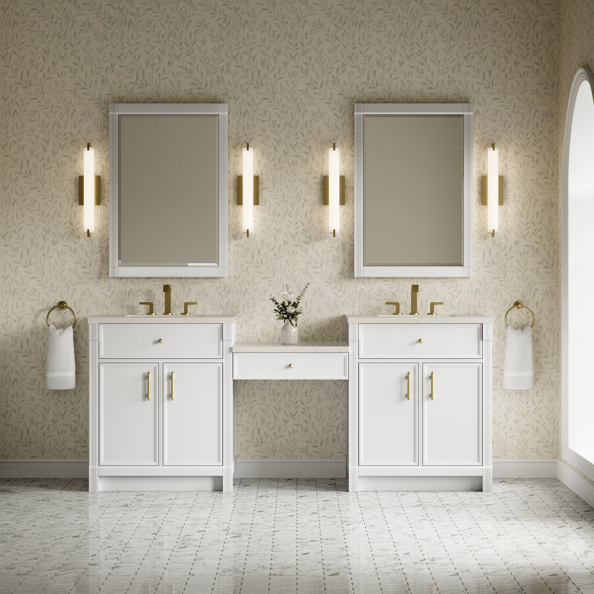 Renovate for Less Atlanta Bellshire 84" Dual Vanity Set with 24" Make-Up Counter, Bright White w/3 cm Siberian Silestone Top