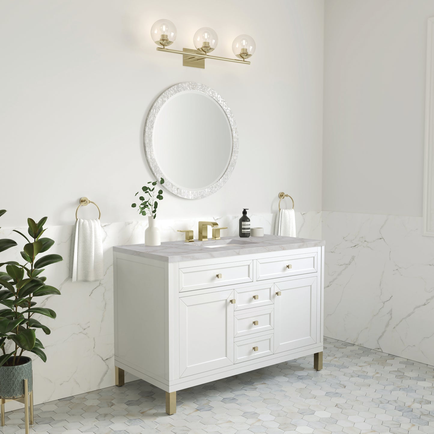 Renovate for Less Atlanta Chicago 48" Single Vanity, Glossy White, w/ 3 CM Victorian Silver Silestone® Top w/FreePower Wireless Charger
