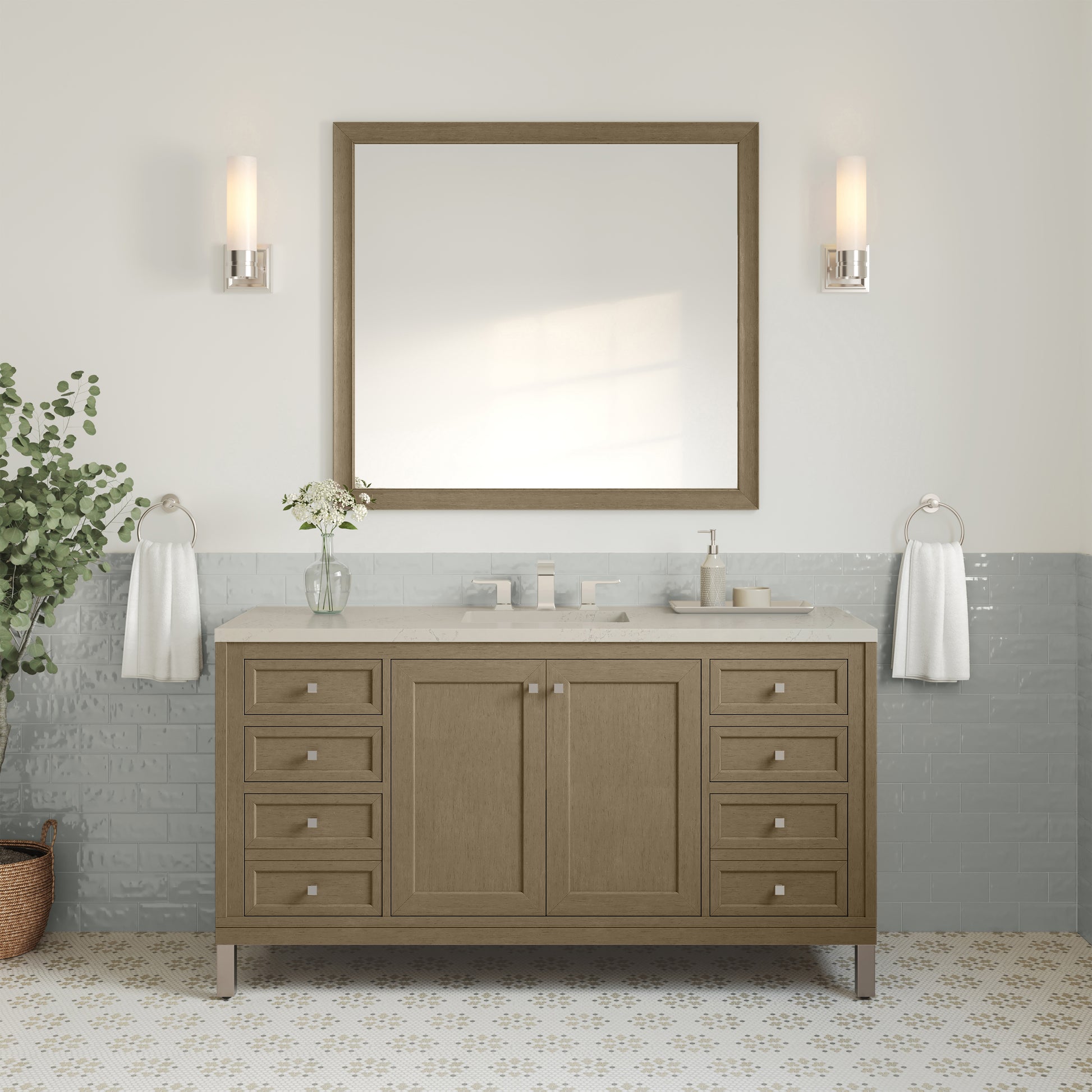 Renovate for Less Atlanta Chicago 60" Single Vanity, Walnut Whisper, w/ 3 CM Siberian Silestone Top
