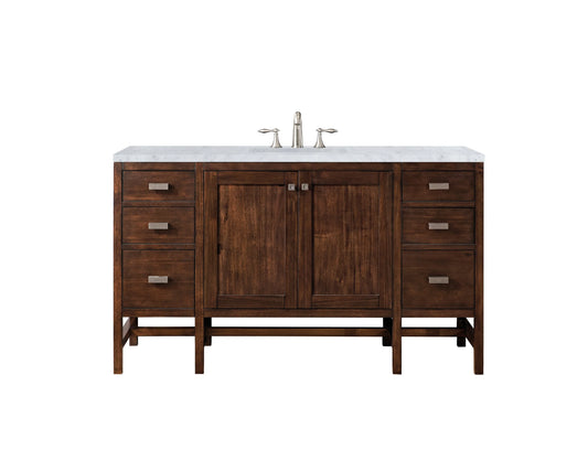Addison 60" Single Vanity, Mid-Century Acacia w/ 3 CM Carrara White Top