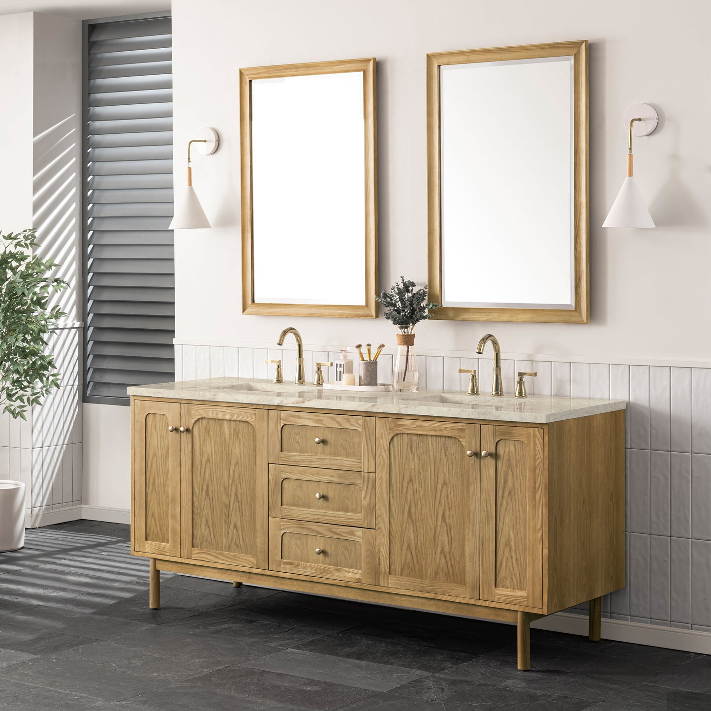 Renovate for Less Atlanta Laurent 72" Double Vanity, Light Natural Oak, w/ 3 CM Tajnar Eclos Top w/FreePower Wireless Charger