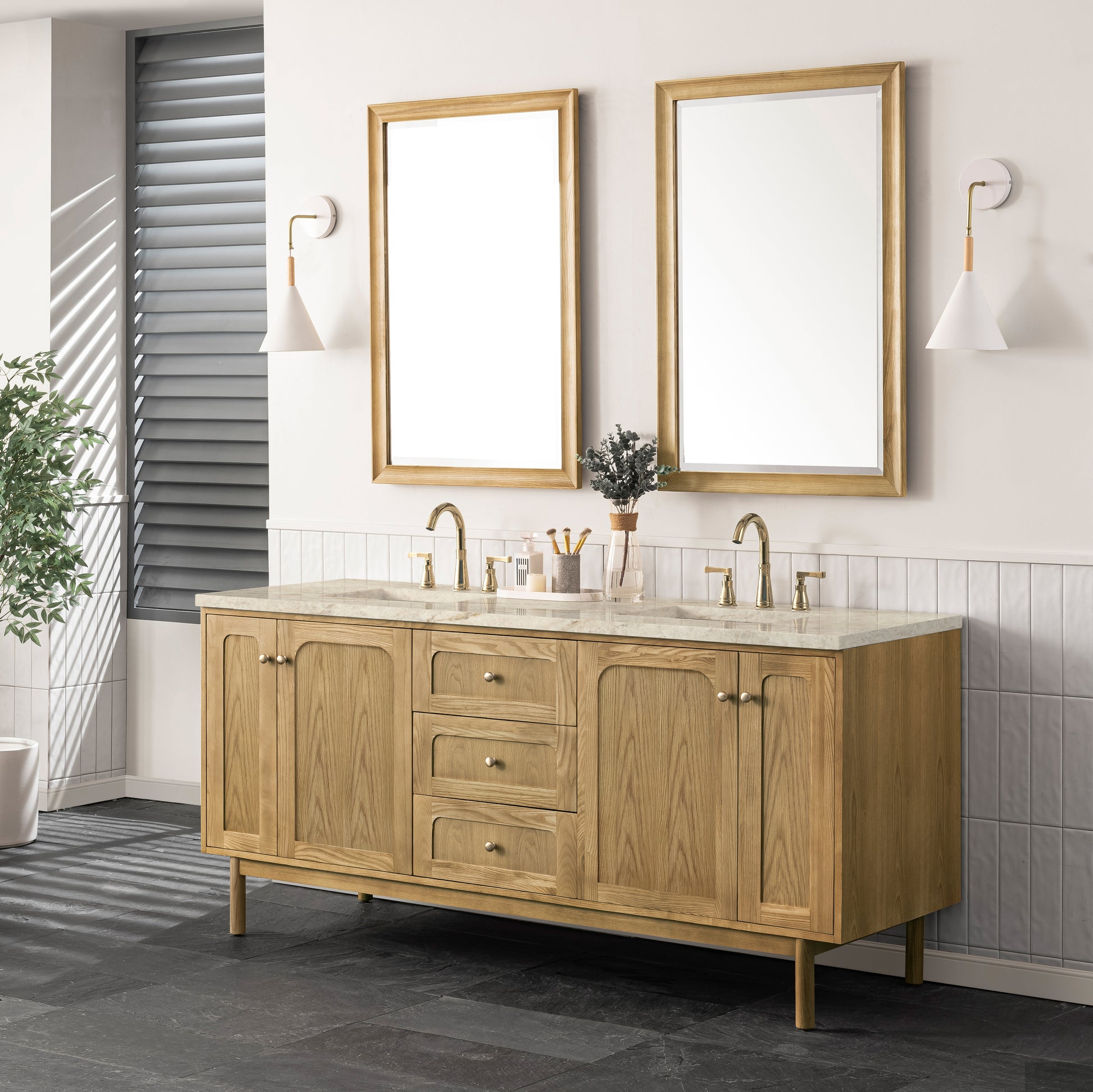 Renovate for Less Atlanta Laurent 72" Double Vanity, Light Natural Oak, w/ 3 CM Tajnar Eclos Top w/FreePower Wireless Charger