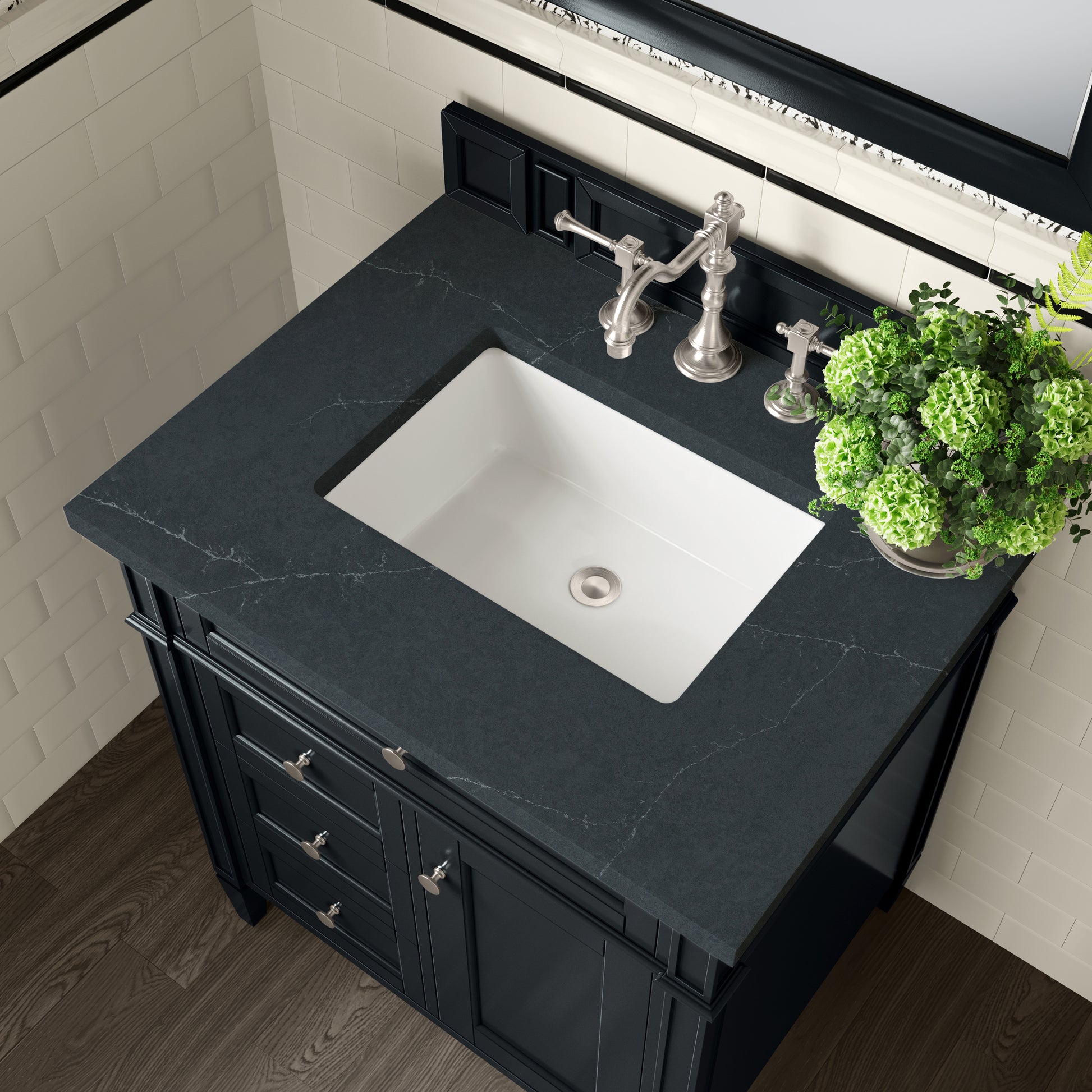 Renovate for Less Atlanta Brittany 30" Single Vanity, Black Onyx, w/ 3 CM Charcoal Soapstone Silestone Top