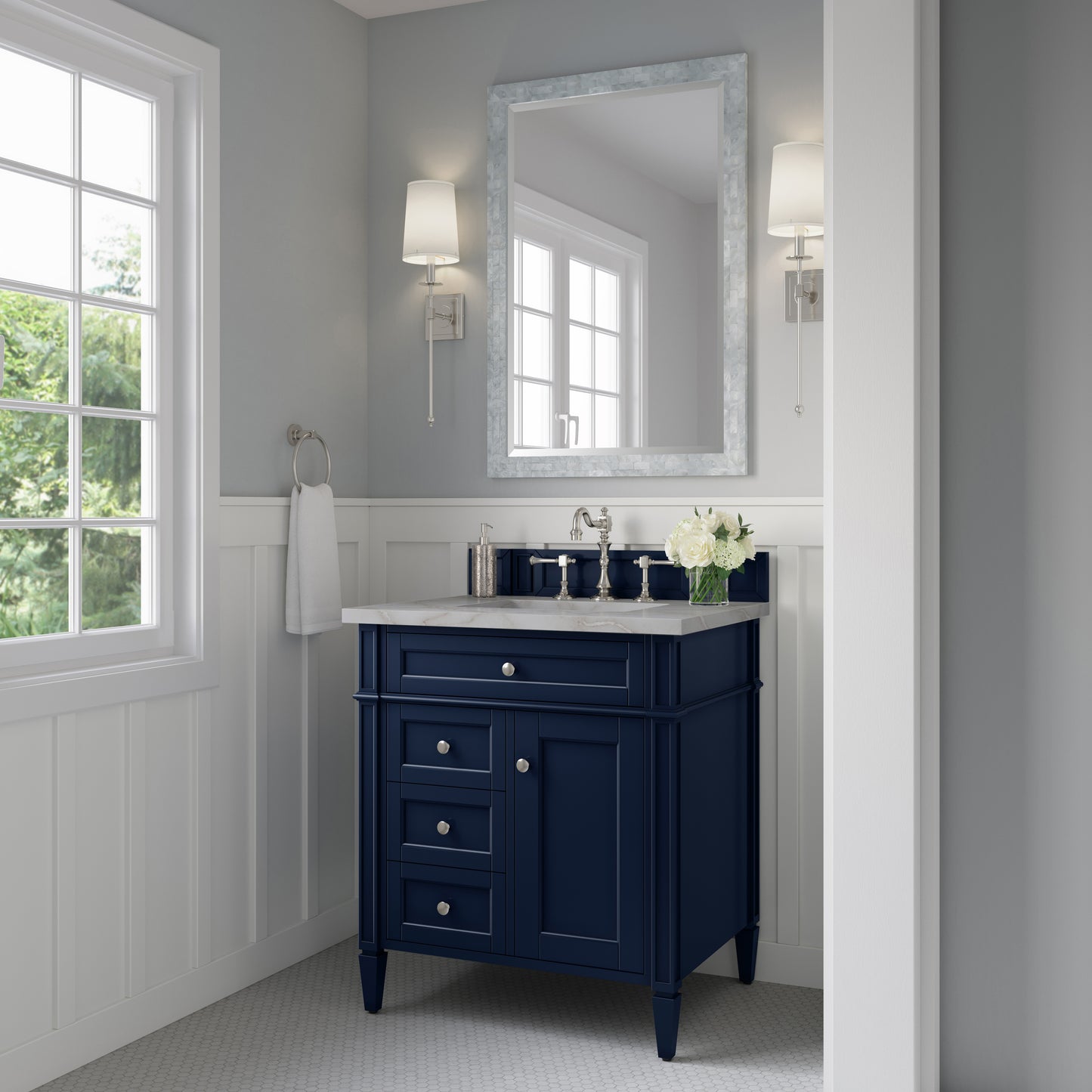 Renovate for Less Atlanta Brittany 30" Single Vanity, Victory Bleu w/ 3 CM Victorian Silver Silestone Top