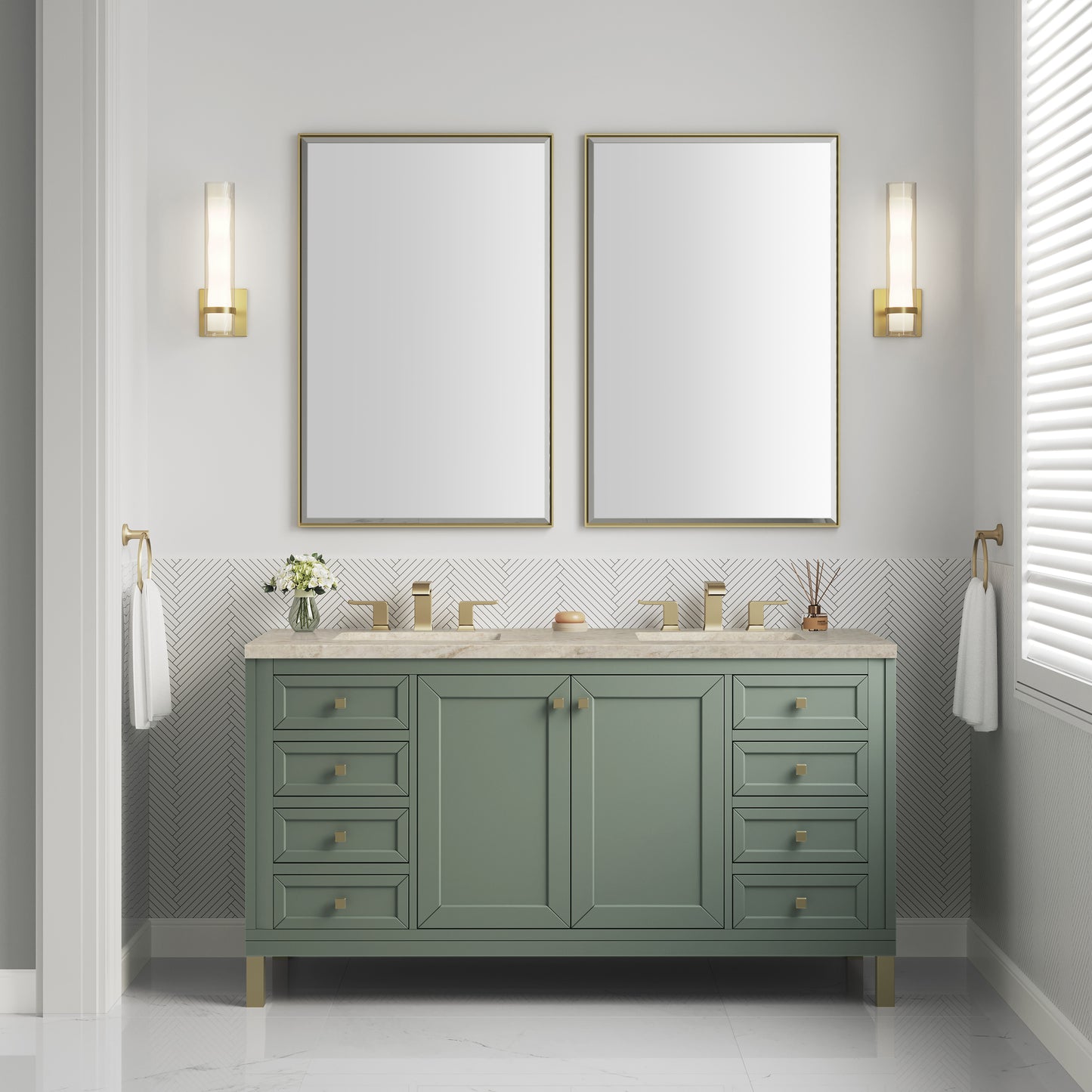Renovate for Less Atlanta Chicago 60" Double Vanity, Smokey Celadon, w/ 3 CM Tajnar Eclos Top w/FreePower Wireless Charger