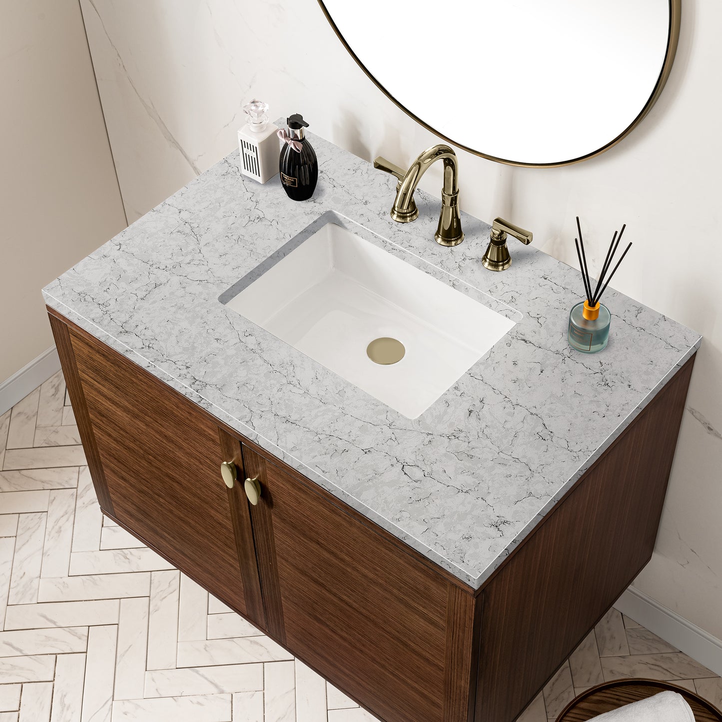 Renovate for Less Atlanta Amberly 36" Single Vanity, Mid-Century Walnut w/ 3 CM Eternal Jasmine Pearl Top