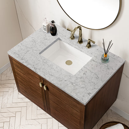 Renovate for Less Atlanta Amberly 36" Single Vanity, Mid-Century Walnut w/ 3 CM Eternal Jasmine Pearl Top