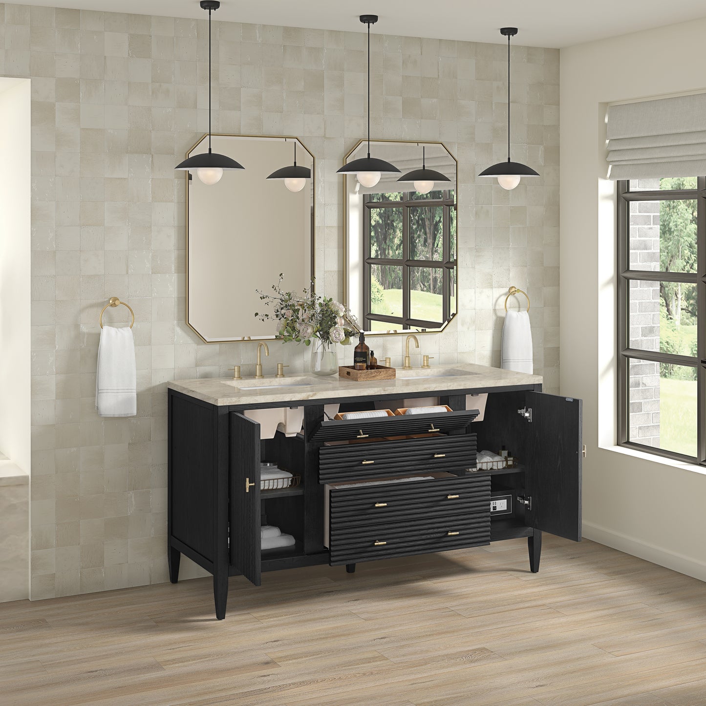 Renovate for Less Atlanta Myrrin 60" Double Vanity, Carbon Oak, w/ 3 CM Tajnar Eclos Top w/FreePower Wireless Charger