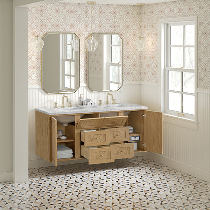 Renovate for Less Atlanta Laurent 60" Double Vanity, Light Natural Oak, w/ 3 CM Carrara Marble Top