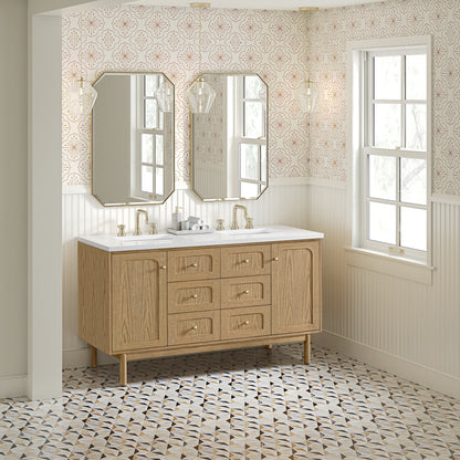 Renovate for Less Atlanta Laurent 60" Double Vanity, Light Natural Oak, w/ 3 CM White Zeus Quartz Top