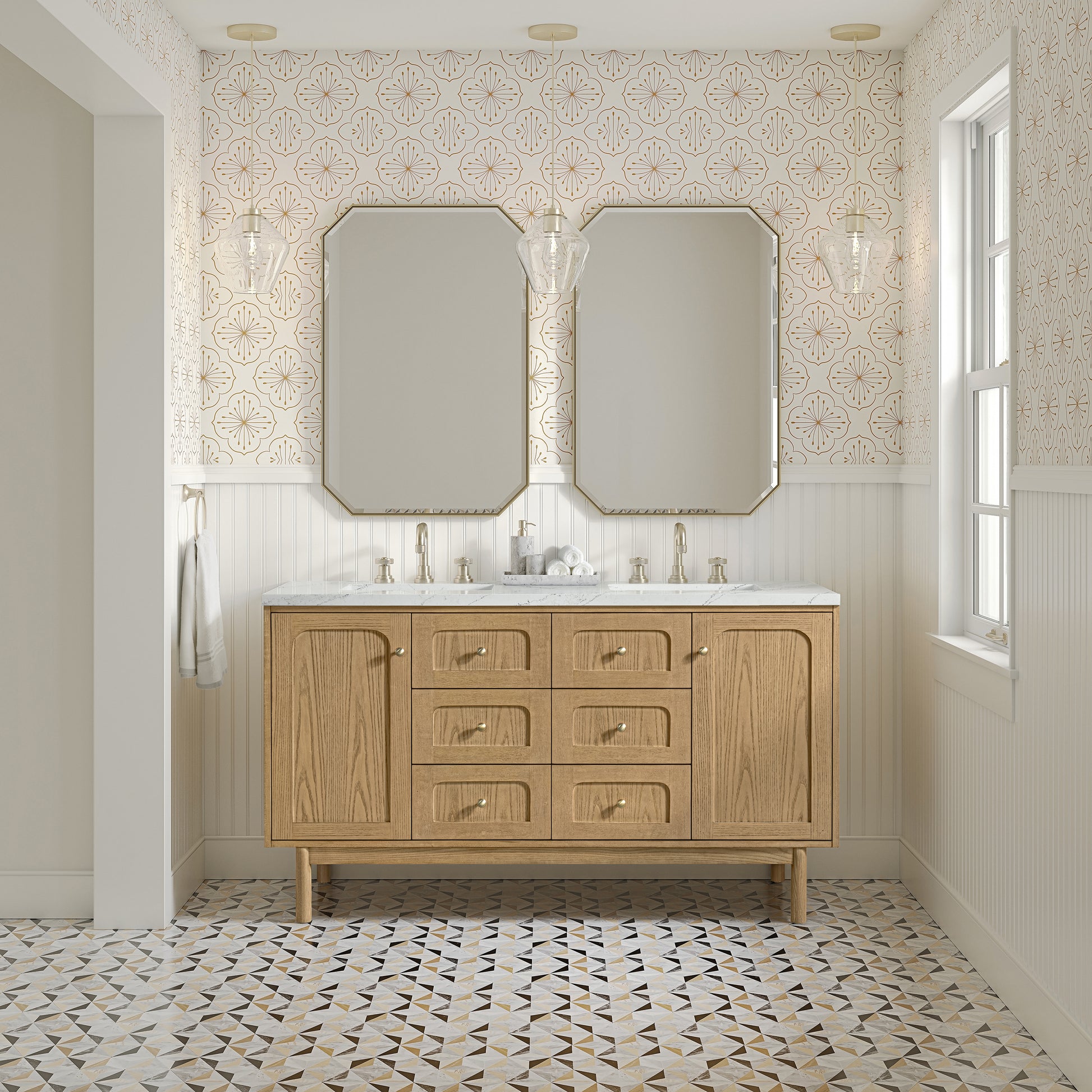 Renovate for Less Atlanta Laurent 60" Double Vanity, Light Natural Oak, w/ 3 CM Ethereal Noctis Quartz Top w/FreePower Wireless Charger