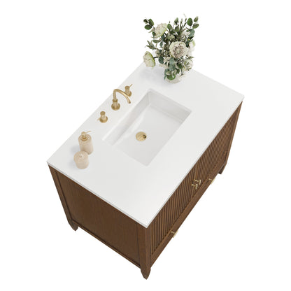 Renovate for Less Atlanta Myrrin 36" Vanity, Mid Century Walnut w/ 3 CM White Zeus Silestone Top