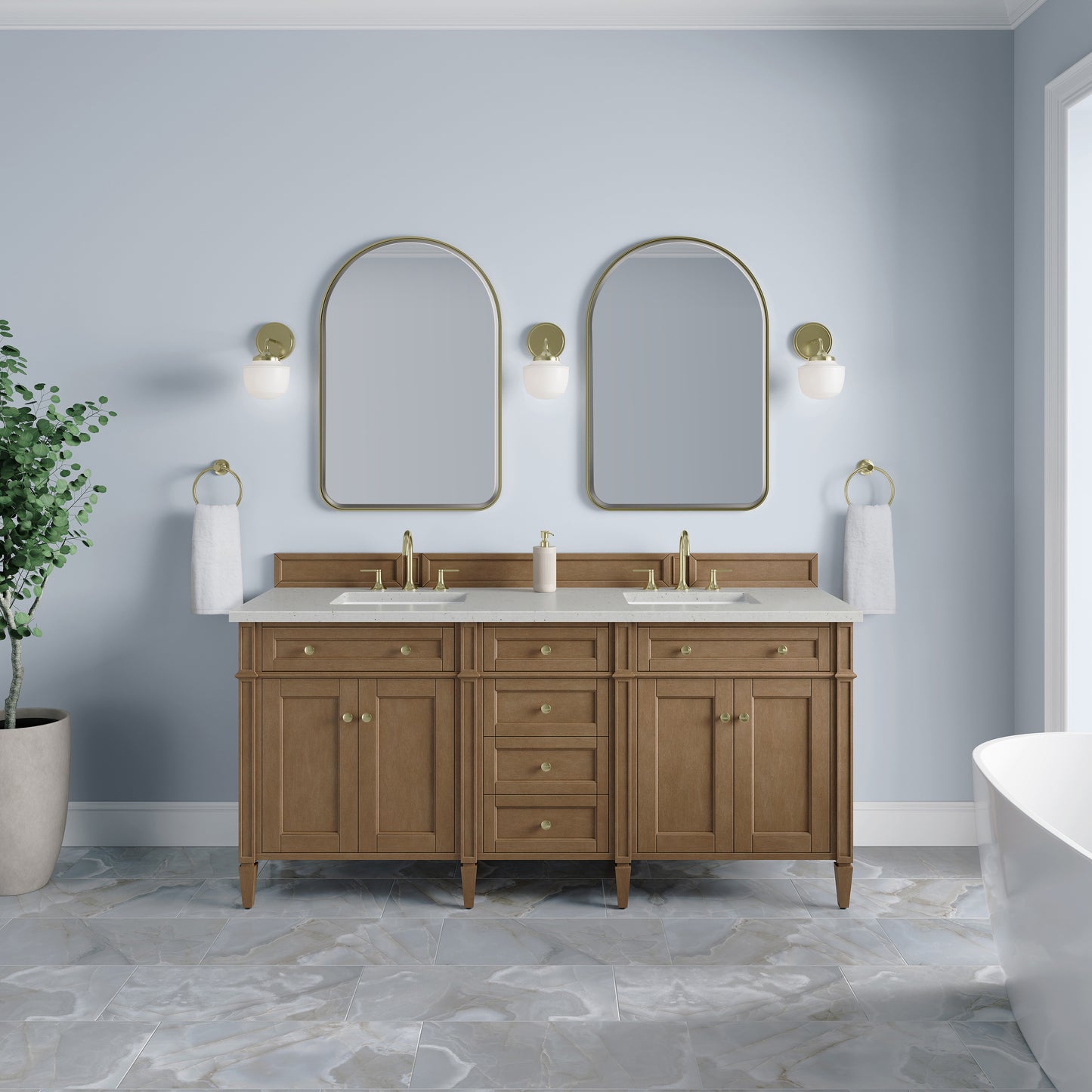 Renovate for Less Atlanta Brittany 72" Double Vanity, Pecan w/ 3 CM Lime Delight Silestone Top