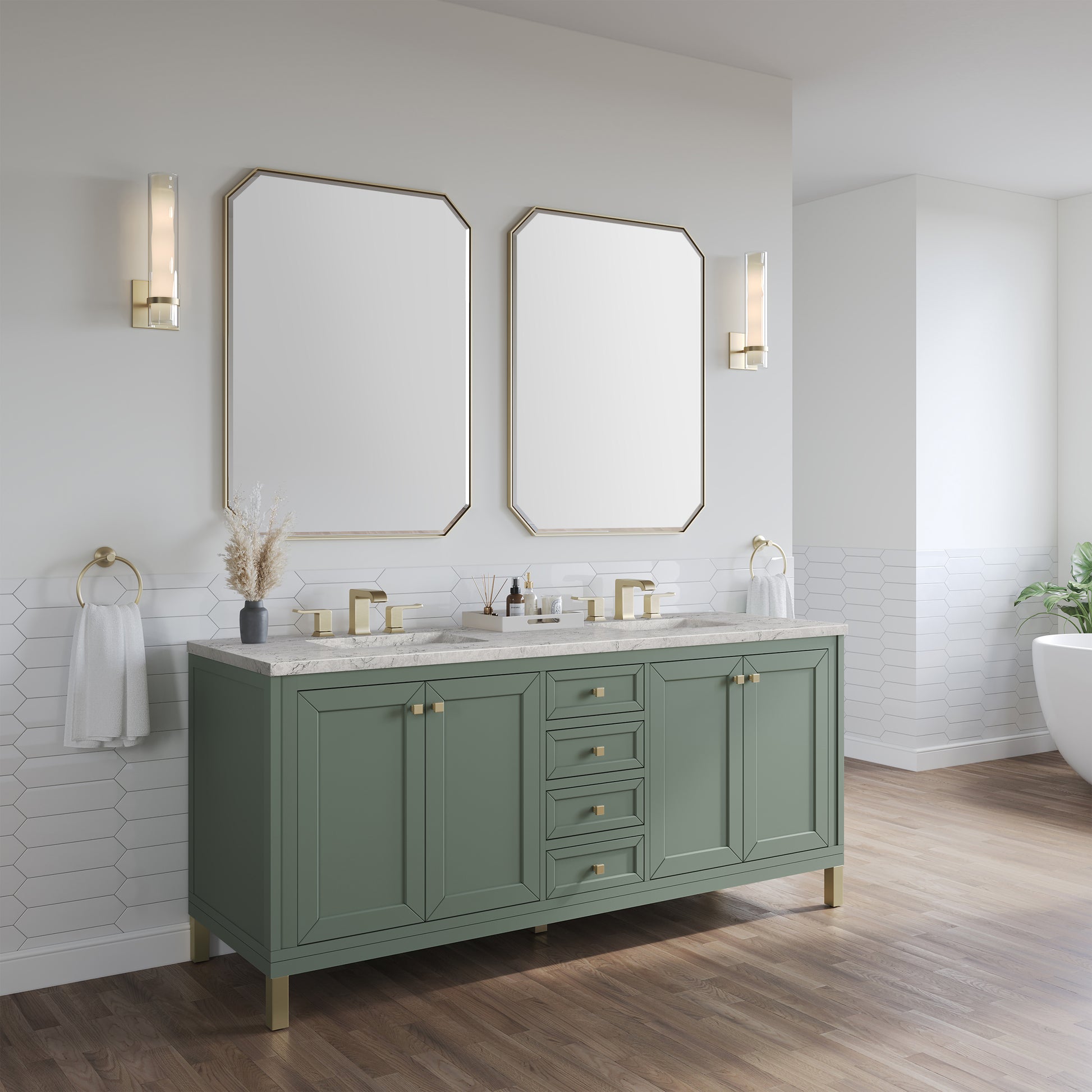 Renovate for Less Atlanta Chicago 72" Double Vanity, Smokey Celadon, w/ 3 CM Eternal Jasmine Pearl Silestone® Top