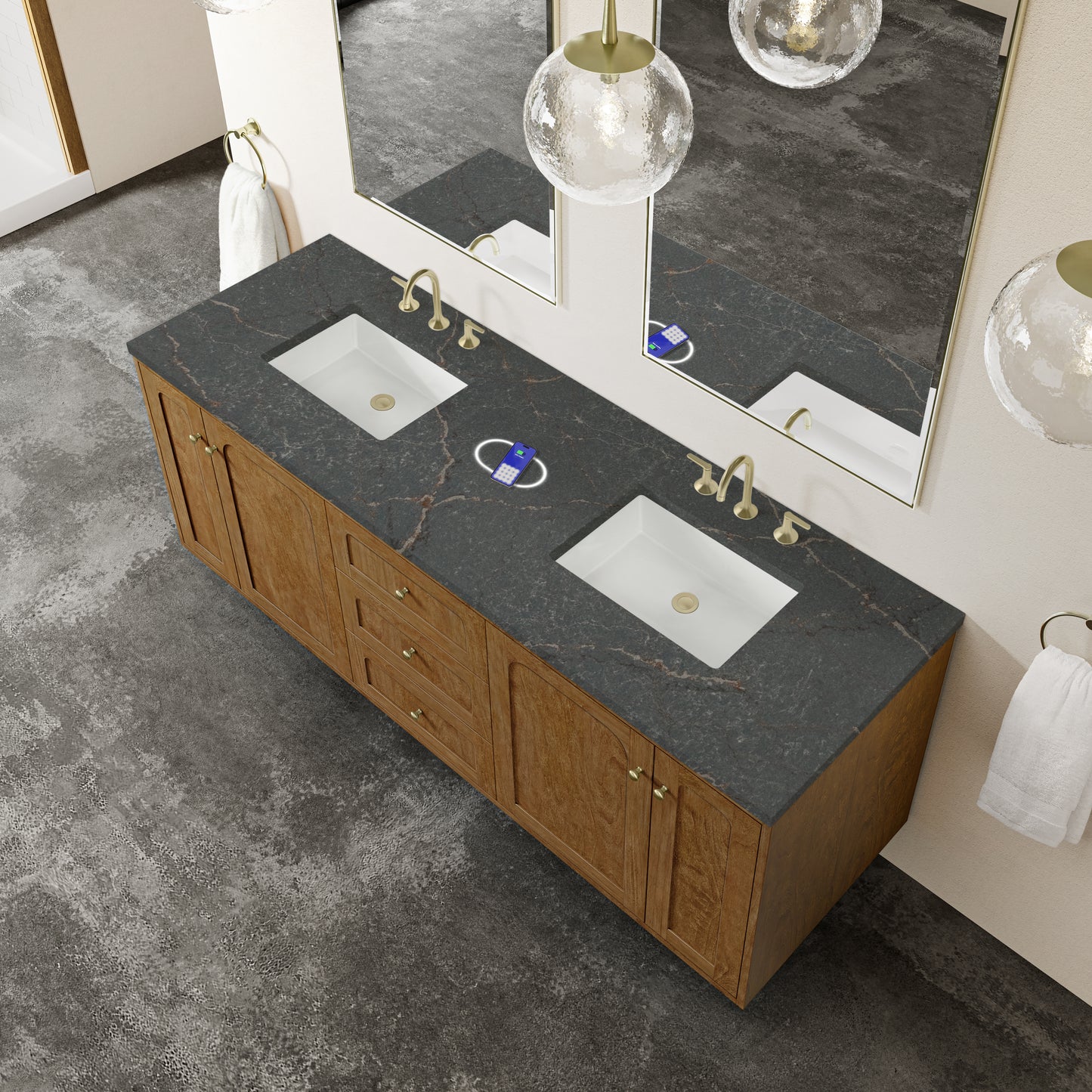 Renovate for Less Atlanta Laurent 72" Double Vanity, Honey Oak w/ 3 CM Parisien Bleu Silestone Top w/FreePower Wireless Charger