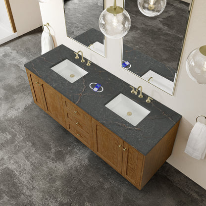 Renovate for Less Atlanta Laurent 72" Double Vanity, Honey Oak w/ 3 CM Parisien Bleu Silestone Top w/FreePower Wireless Charger