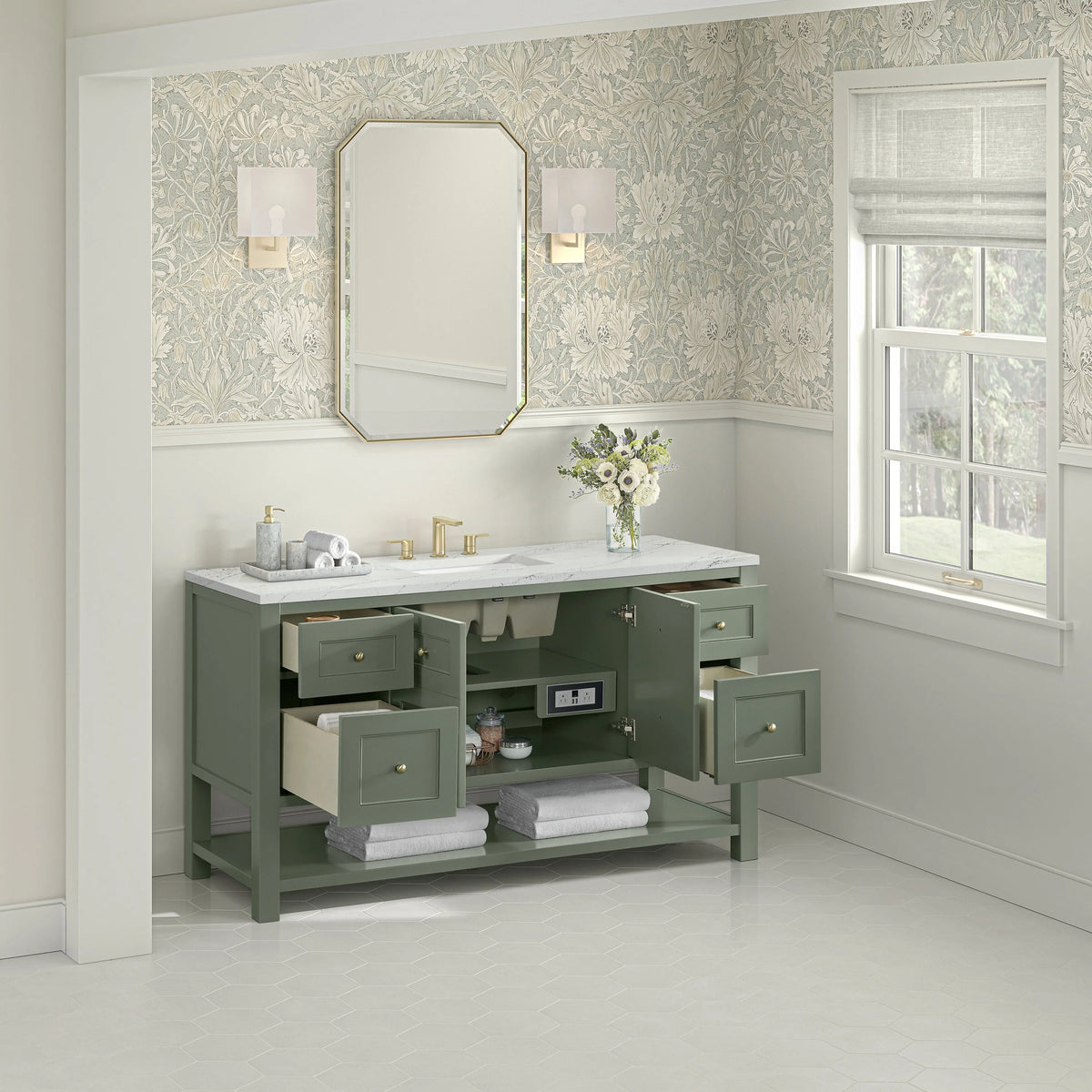 Breckenridge 60" Single Vanity, Smokey Celadon, w/ 3 CM Ethereal Noctis Silestone Top w/ FreePower Wireless Charger