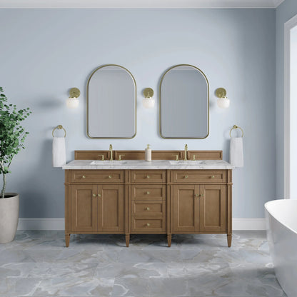 Brittany 72" Double Vanity, Pecan w/ 3 CM Carrara Marble Top