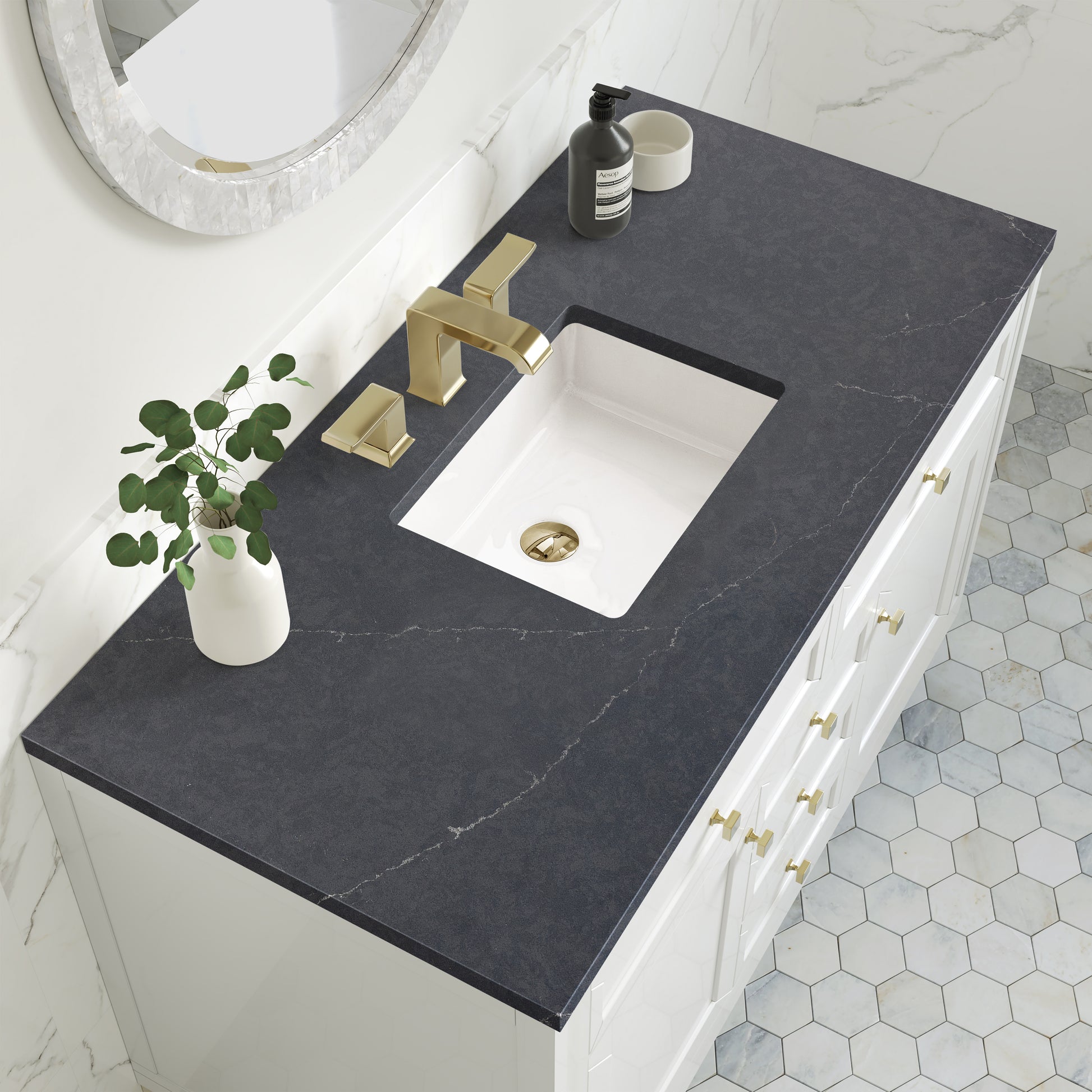 Renovate for Less Atlanta Chicago 48" Single Vanity, Glossy White, w/ 3 CM Charcoal Soapstone Silestone® Top