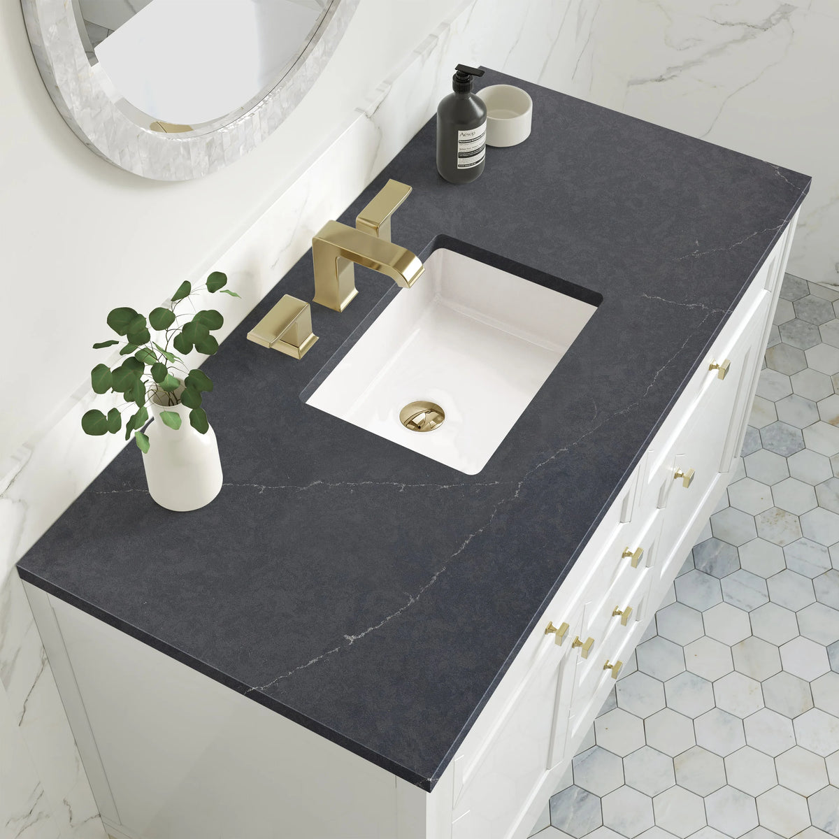 Chicago 48" Single Vanity, Glossy White, w/ 3 CM Charcoal Soapstone Silestone® Top
