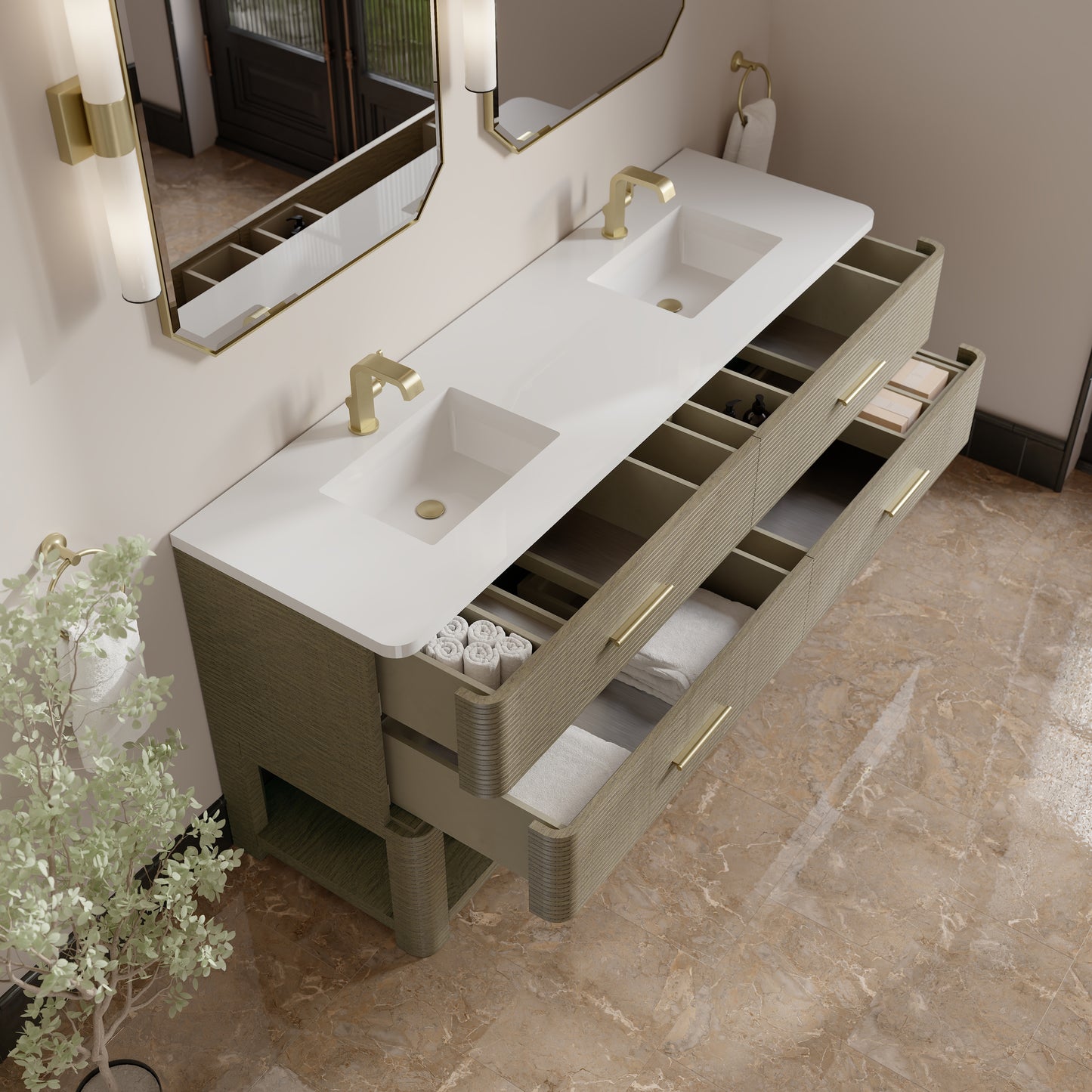 Renovate for Less Atlanta Lucian 72" Double Vanity, Pebble Oak w/ 3 CM White Zeus Silestone Top