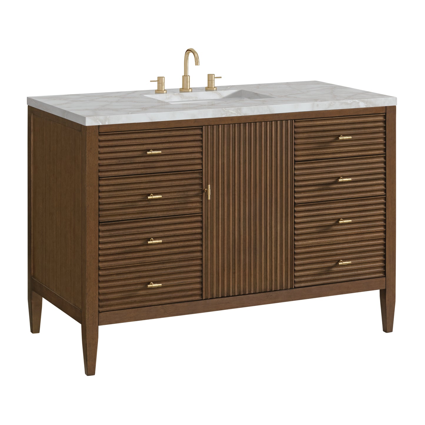 Renovate for Less Atlanta Myrrin 48" Single Vanity, Mid Century Walnut w/ 3 CM Victorian Silver Silestone Top w/FreePower Wireless Charger