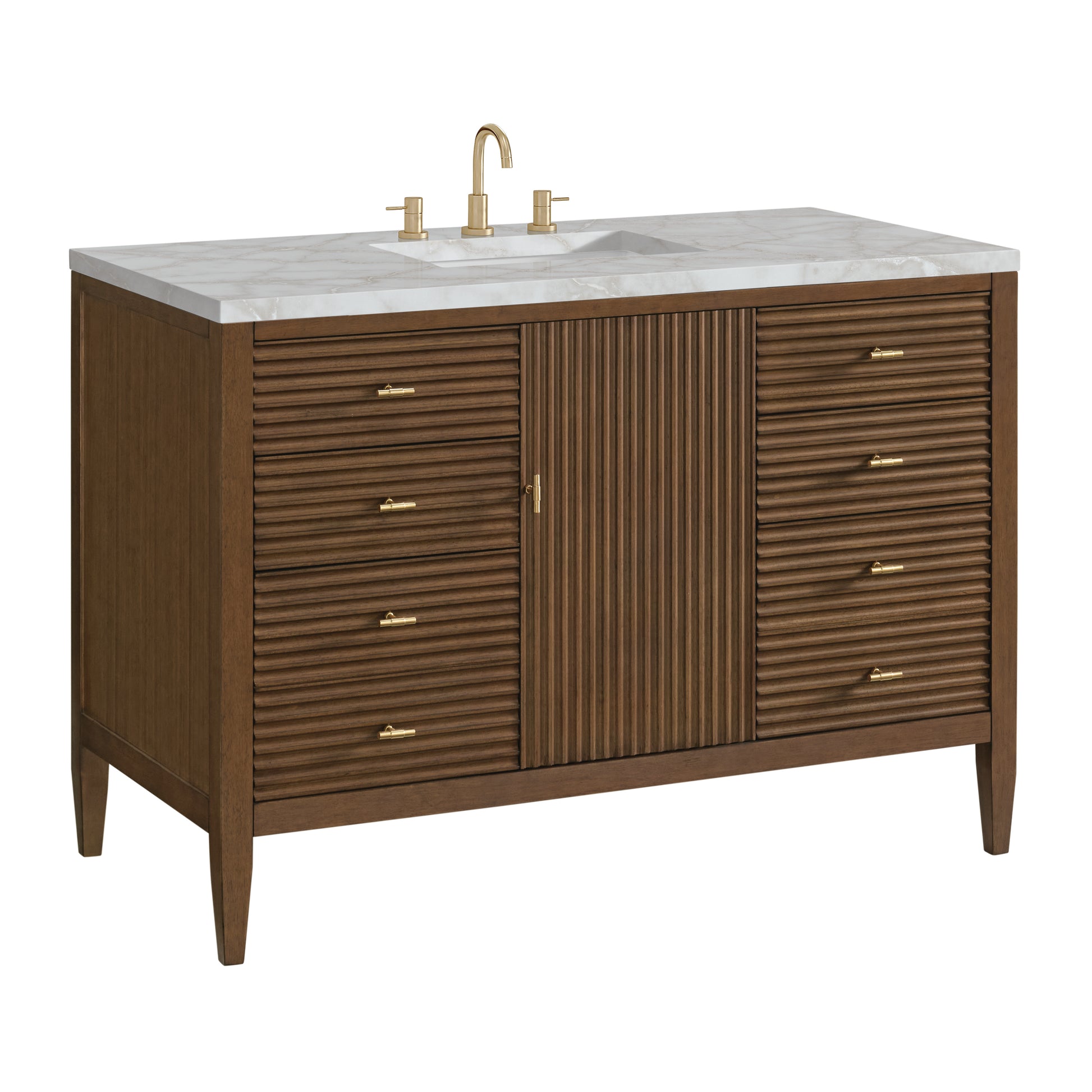 Renovate for Less Atlanta Myrrin 48" Single Vanity, Mid Century Walnut w/ 3 CM Victorian Silver Silestone Top w/FreePower Wireless Charger