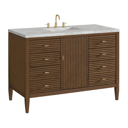 Renovate for Less Atlanta Myrrin 48" Single Vanity, Mid Century Walnut w/ 3 CM Victorian Silver Silestone Top w/FreePower Wireless Charger