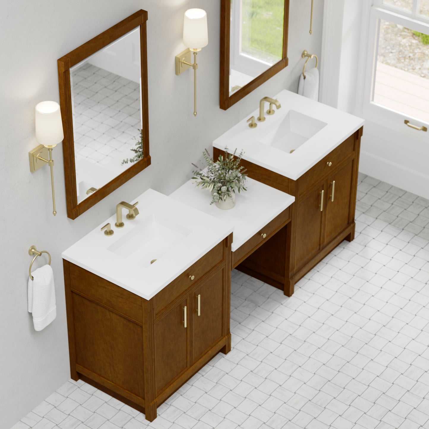 Renovate for Less Atlanta Bellshire 84" Dual Vanity Set with 24" Make-Up Counter, Honey Oak w/3 cm White Zeus Silestone Top