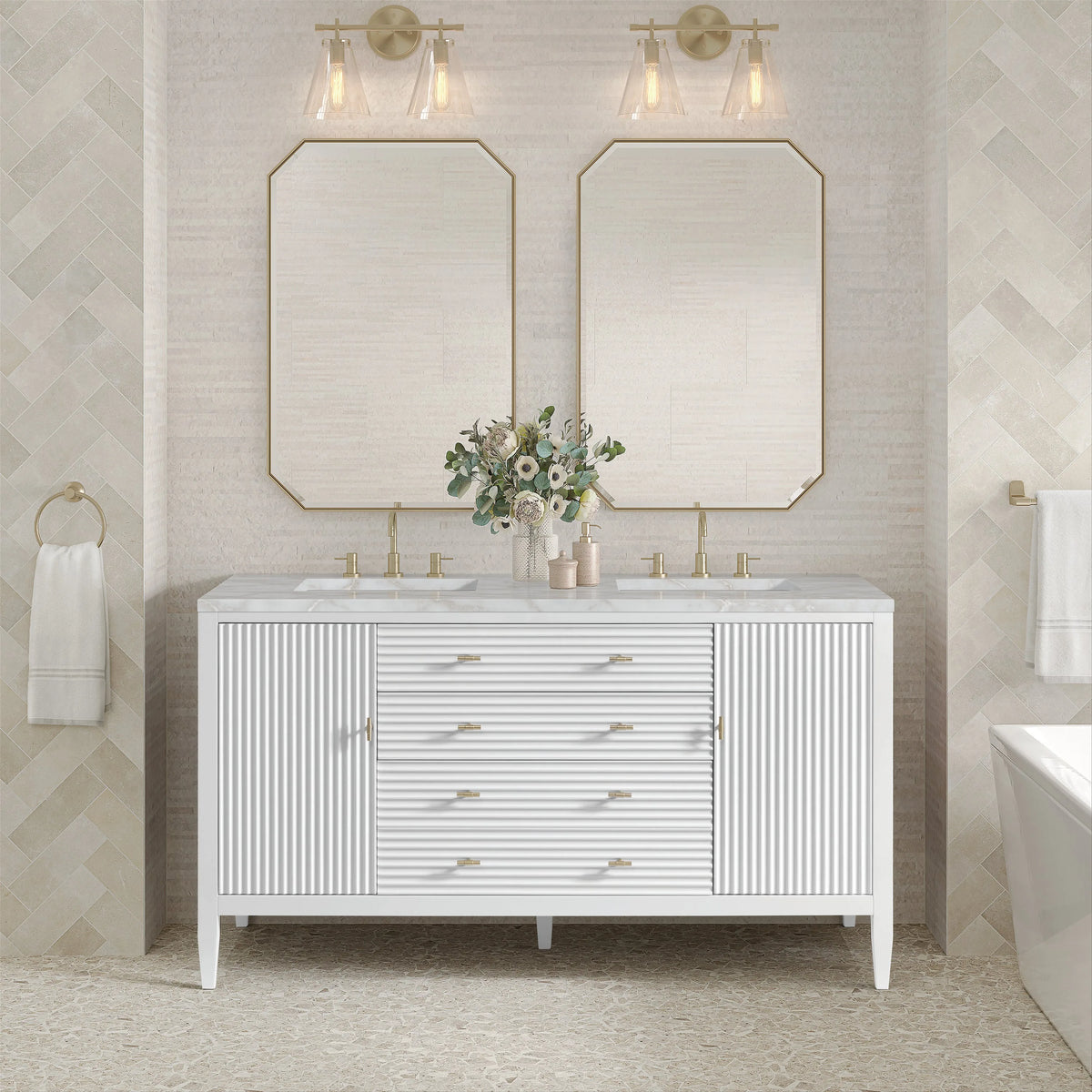 Myrrin 60" Double Vanity, Bright White w/ 3 CM Victorian Silver Silestone Top w/FreePower Wireless Charger