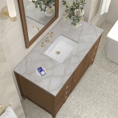 Renovate for Less Atlanta Myrrin 48" Single Vanity, Mid Century Walnut w/ 3 CM Victorian Silver Silestone Top w/FreePower Wireless Charger
