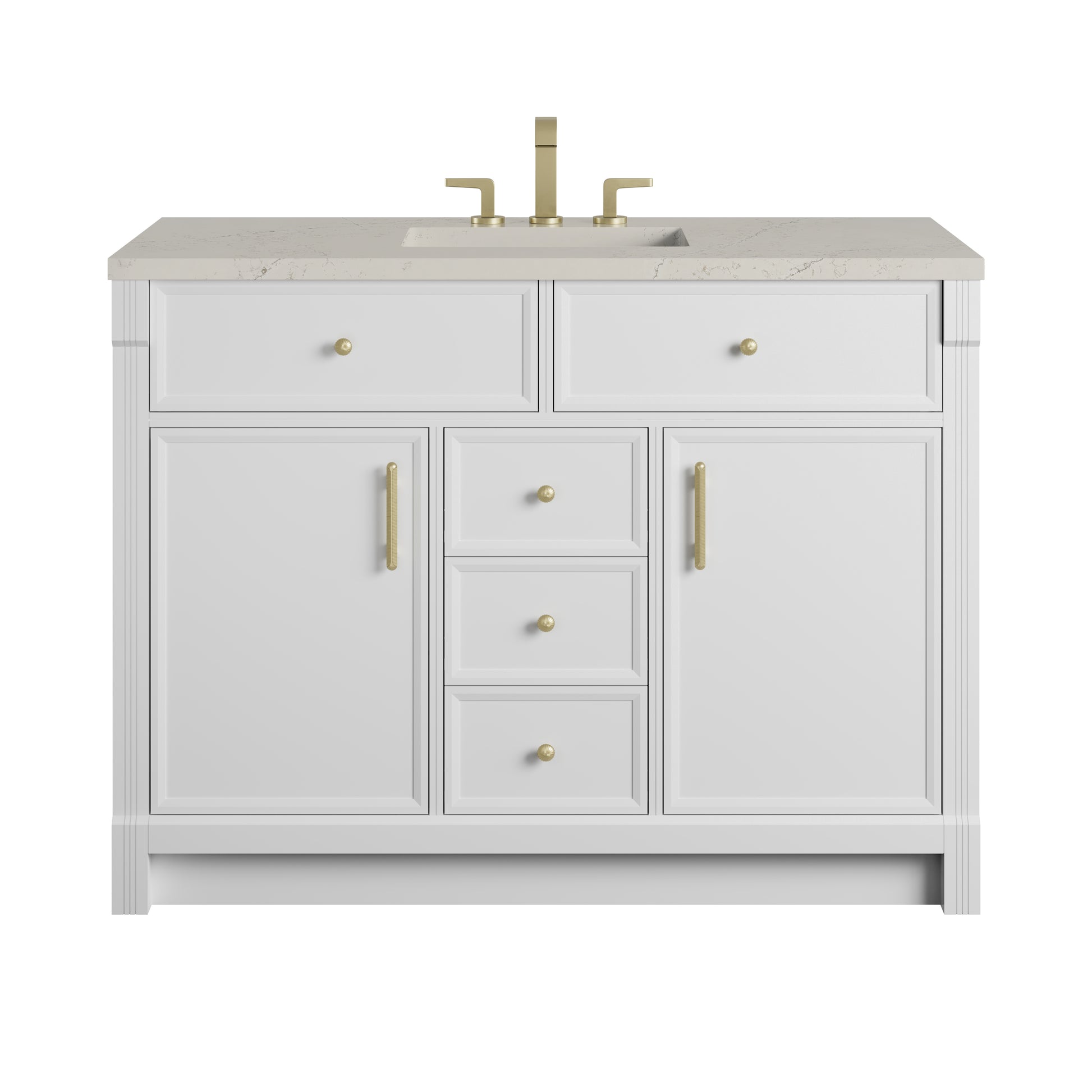 Renovate for Less Atlanta Bellshire 48" Single Vanity, Bright White w/ 3 CM Siberian Silestone Top