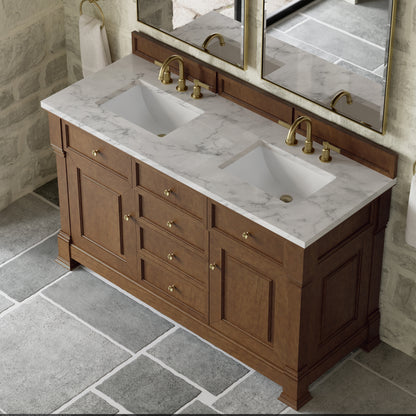 Renovate for Less Atlanta Brookfield 60" Double Vanity, Honey Oak w/3 CM Carrara White Marble Top