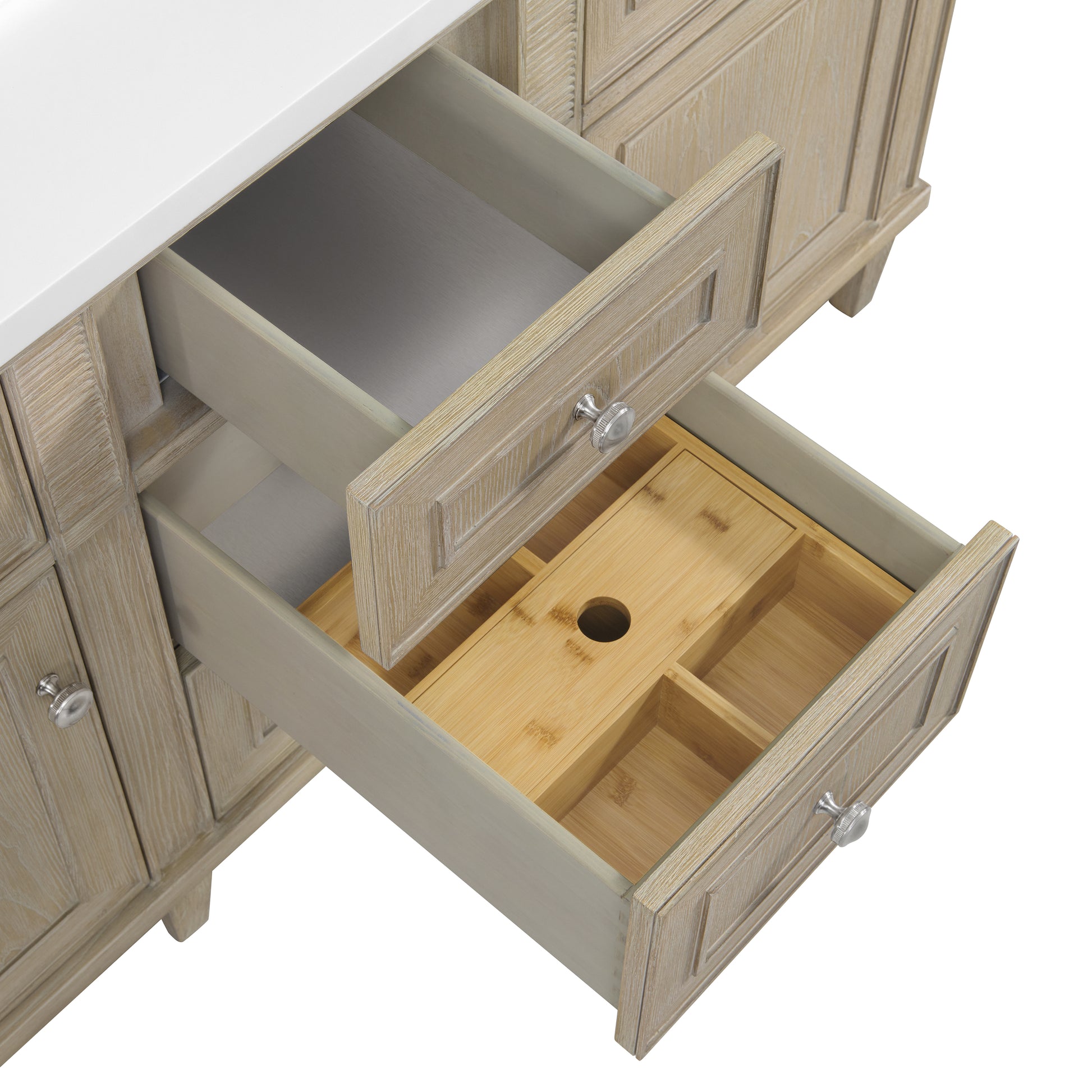 Renovate for Less Atlanta Lorelai 60" Double Vanity, Whitewashed Oak, w/ 3 CM Siberian Silestone Top