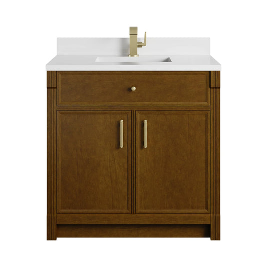 Bellshire 36" Single Vanity, Honey Oak w/ Single Hole 3 CM White Zeus Silestone Top and Matching Backsplash