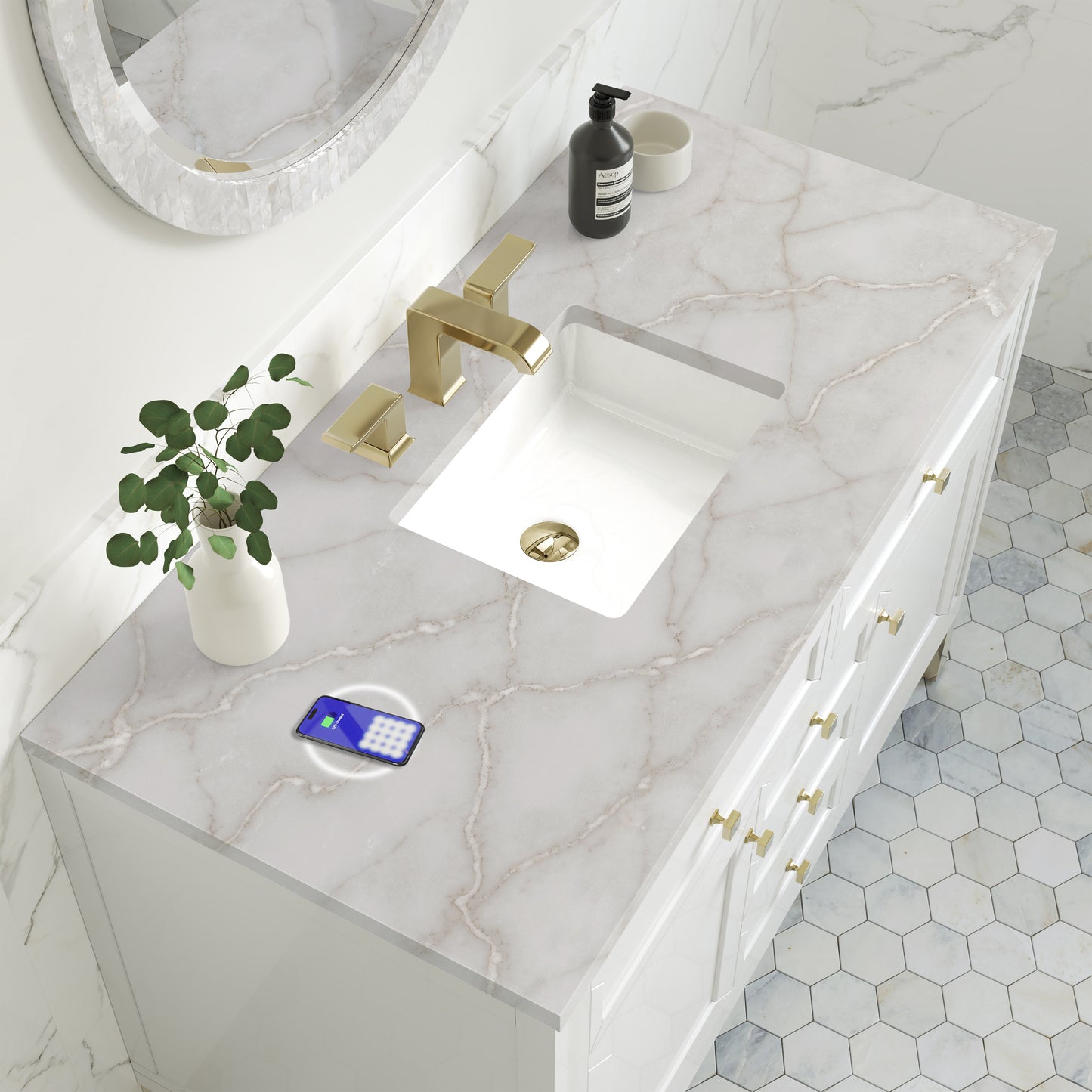 Renovate for Less Atlanta Chicago 48" Single Vanity, Glossy White, w/ 3 CM Victorian Silver Silestone® Top w/FreePower Wireless Charger
