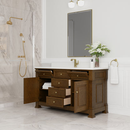Renovate for Less Atlanta Brookfield 60" Single Vanity, Honey Oak w/ Single Hole 3 CM White Zeus Silestone Top & Backsplash