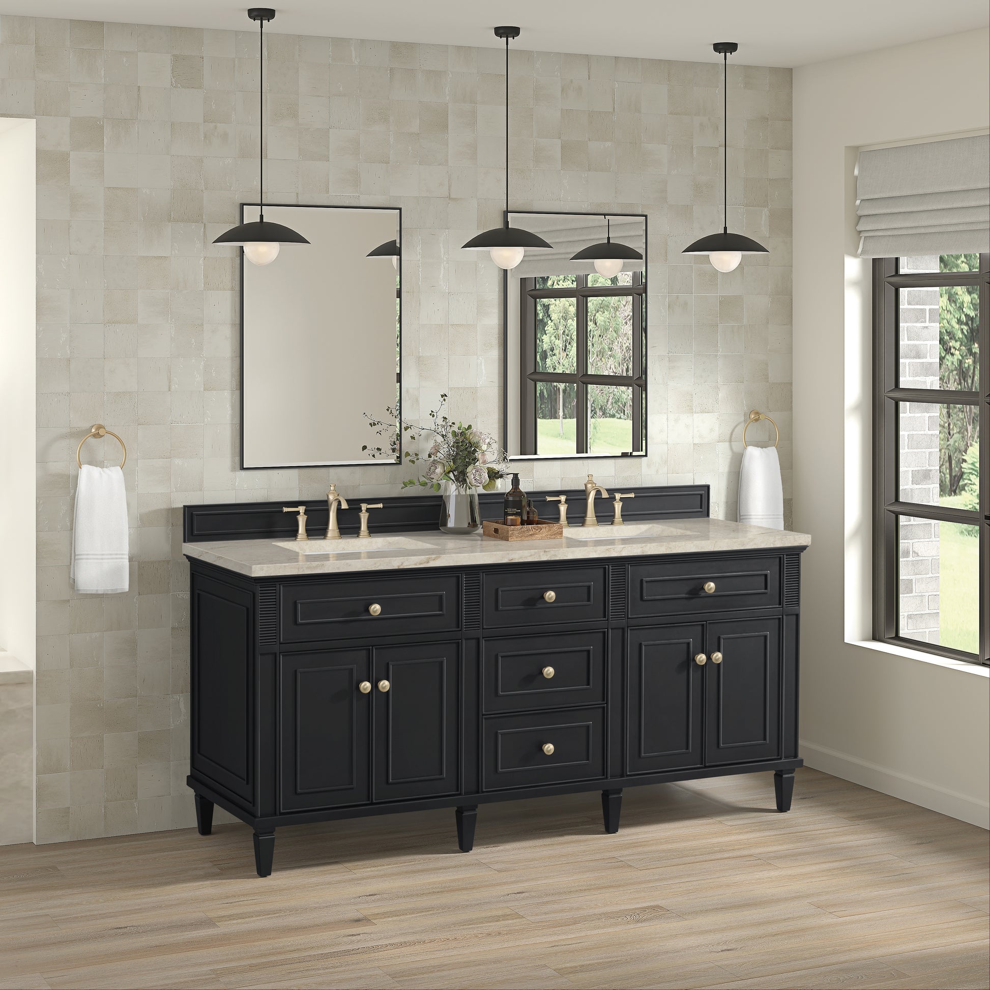 Renovate for Less Atlanta Lorelai 72" Double Vanity, Black Onyx, w/ 3 CM Tajnar Eclos Top w/FreePower Wireless Charger