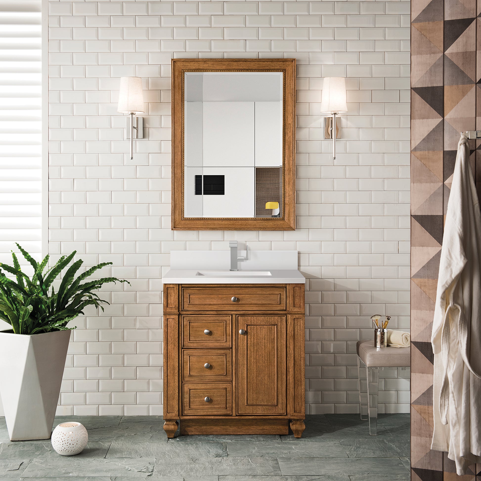 Renovate for Less Atlanta Bristol 30" Single Vanity, Saddle Brown w/ Single Hole 3 CM White Zeus Silestone Top & Backsplash
