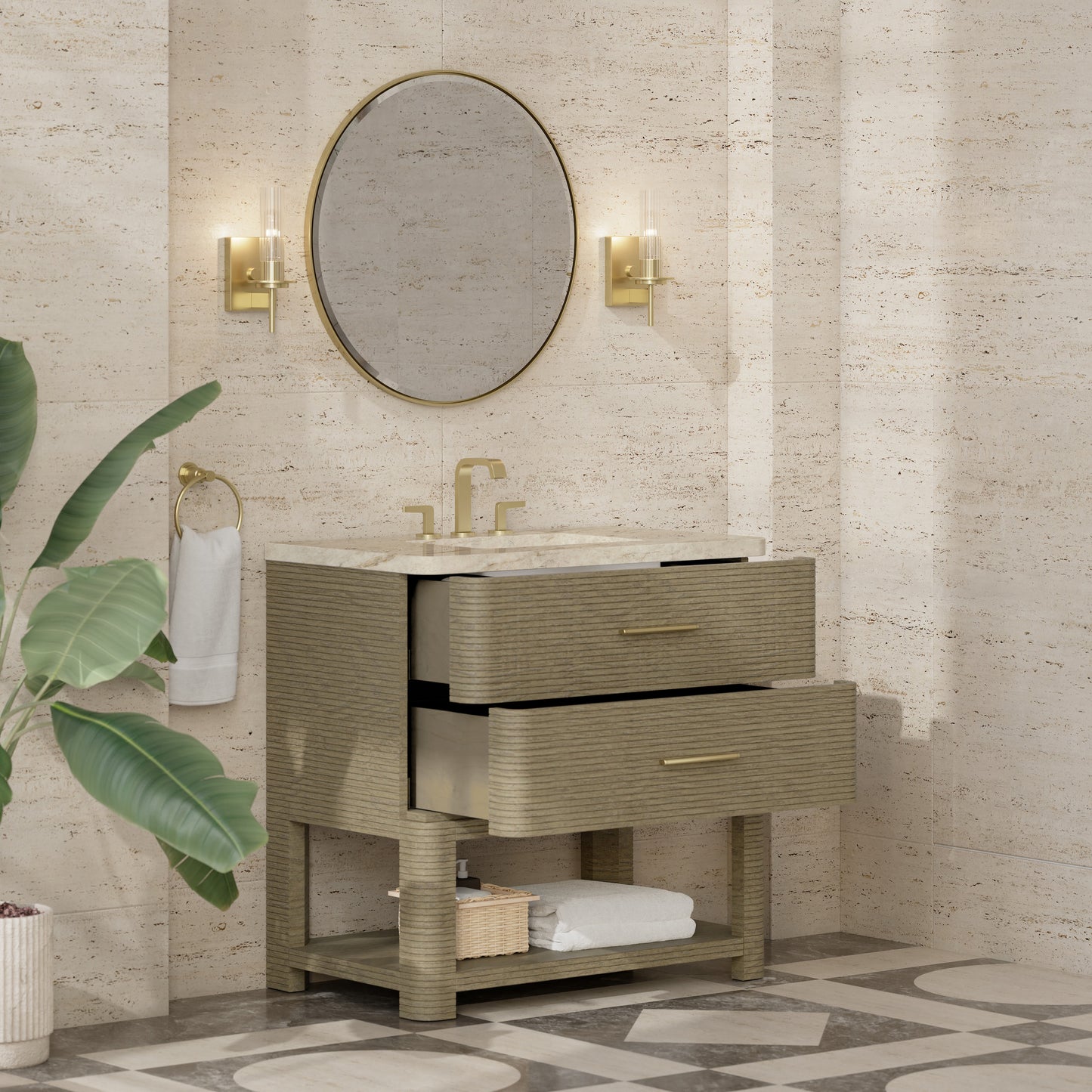 Renovate for Less Atlanta Lucian 36" Single Vanity, Pebble Oak, w/ 3 CM Tajnar Eclos Widespread Top