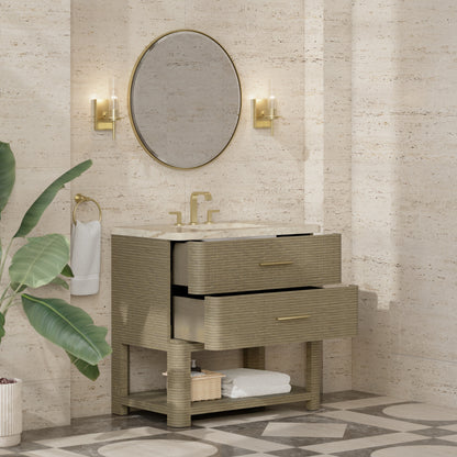 Renovate for Less Atlanta Lucian 36" Single Vanity, Pebble Oak, w/ 3 CM Tajnar Eclos Widespread Top