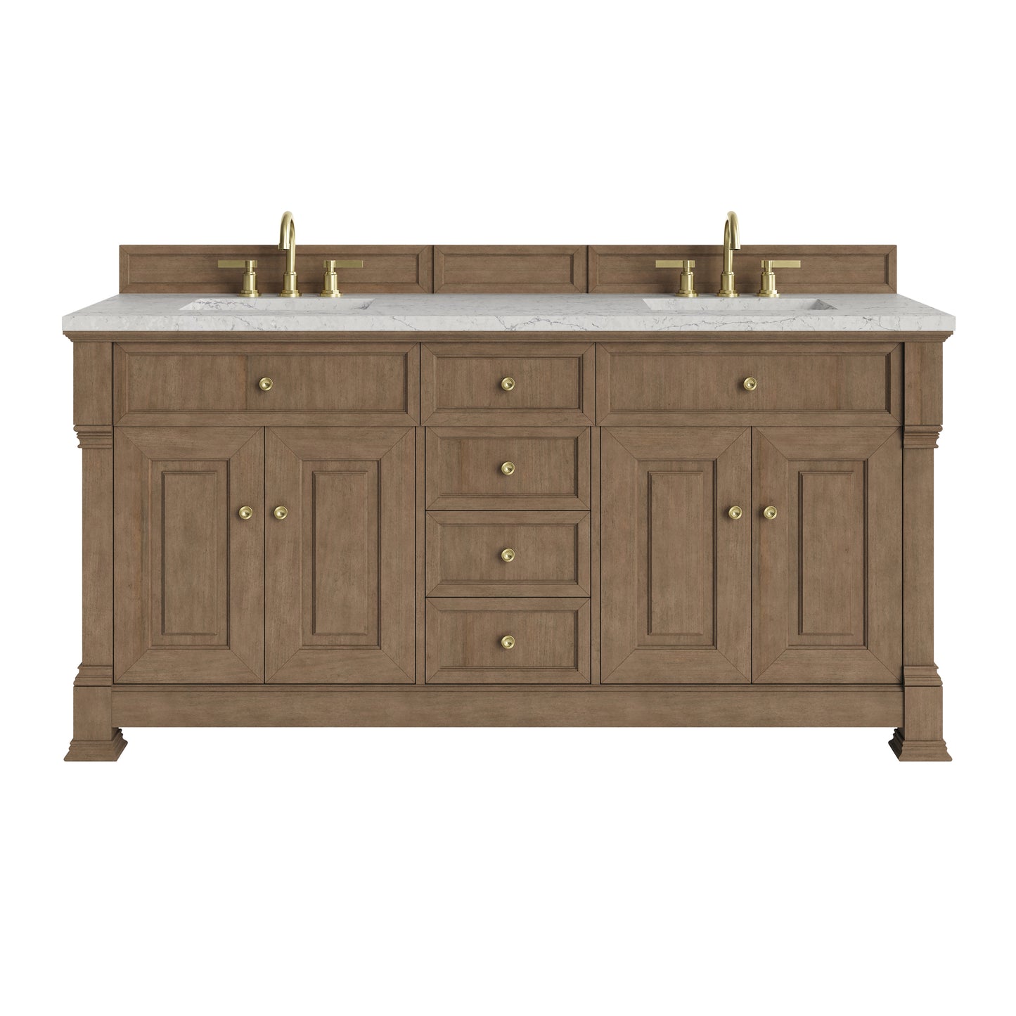 Renovate for Less Atlanta Brookfield 72" Double Vanity, Pecan w/ 3 CM Eternal Jasmine Pearl Silestone Top w/ FreePower Wireless Charger