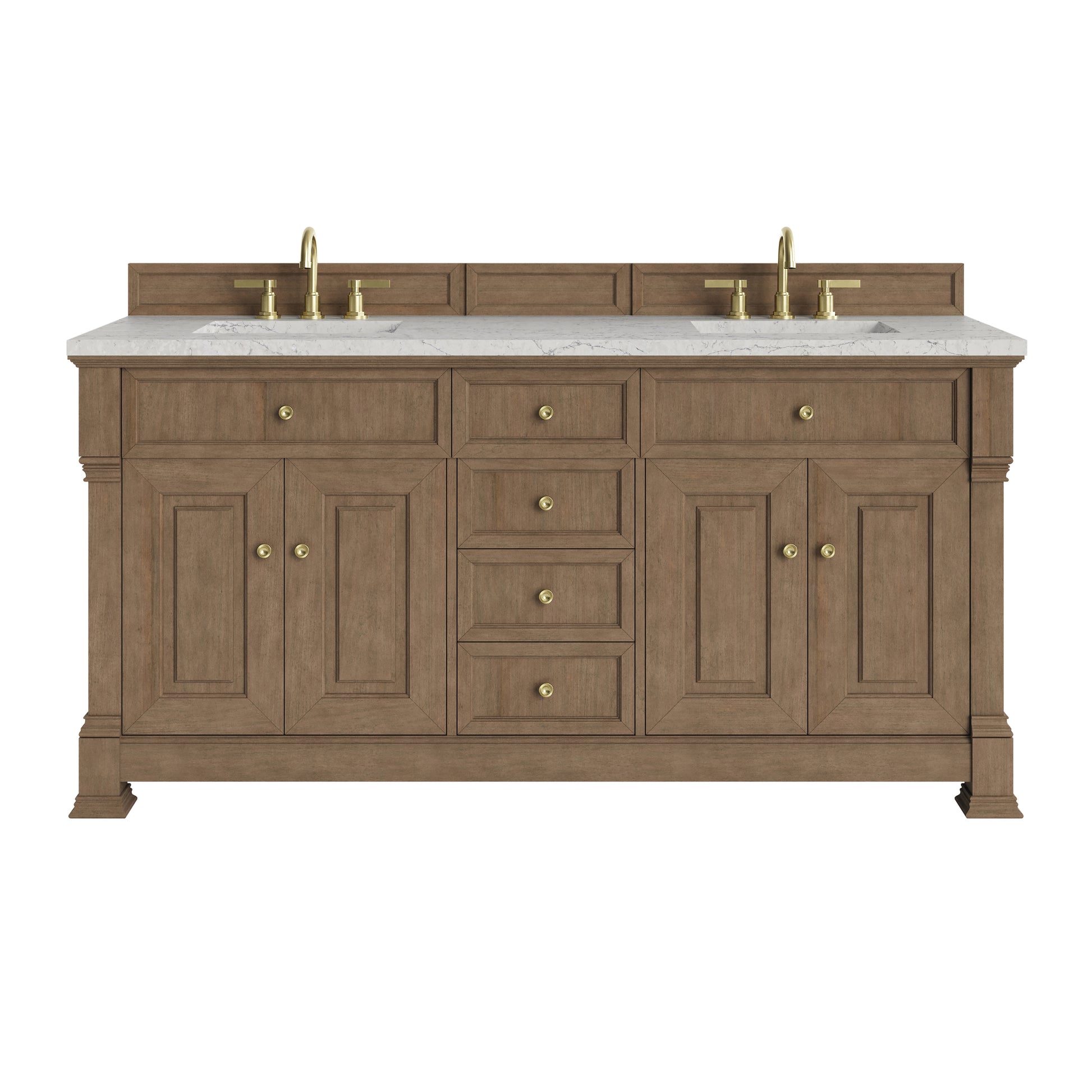 Renovate for Less Atlanta Brookfield 72" Double Vanity, Pecan w/ 3 CM Eternal Jasmine Pearl Silestone Top w/ FreePower Wireless Charger