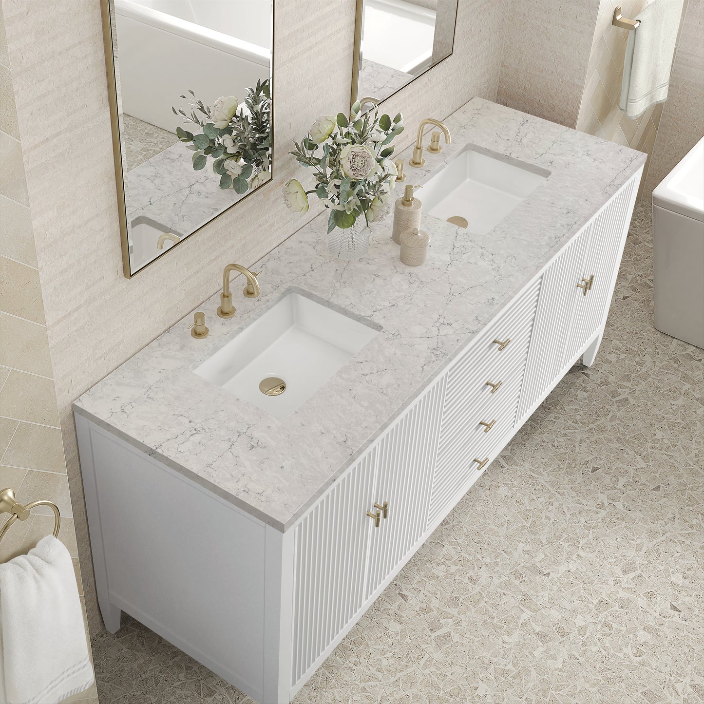 Renovate for Less Atlanta Myrrin 72" Double Vanity, Bright White w/ 3 CM Eternal Jasmine Pearl Silestone Top